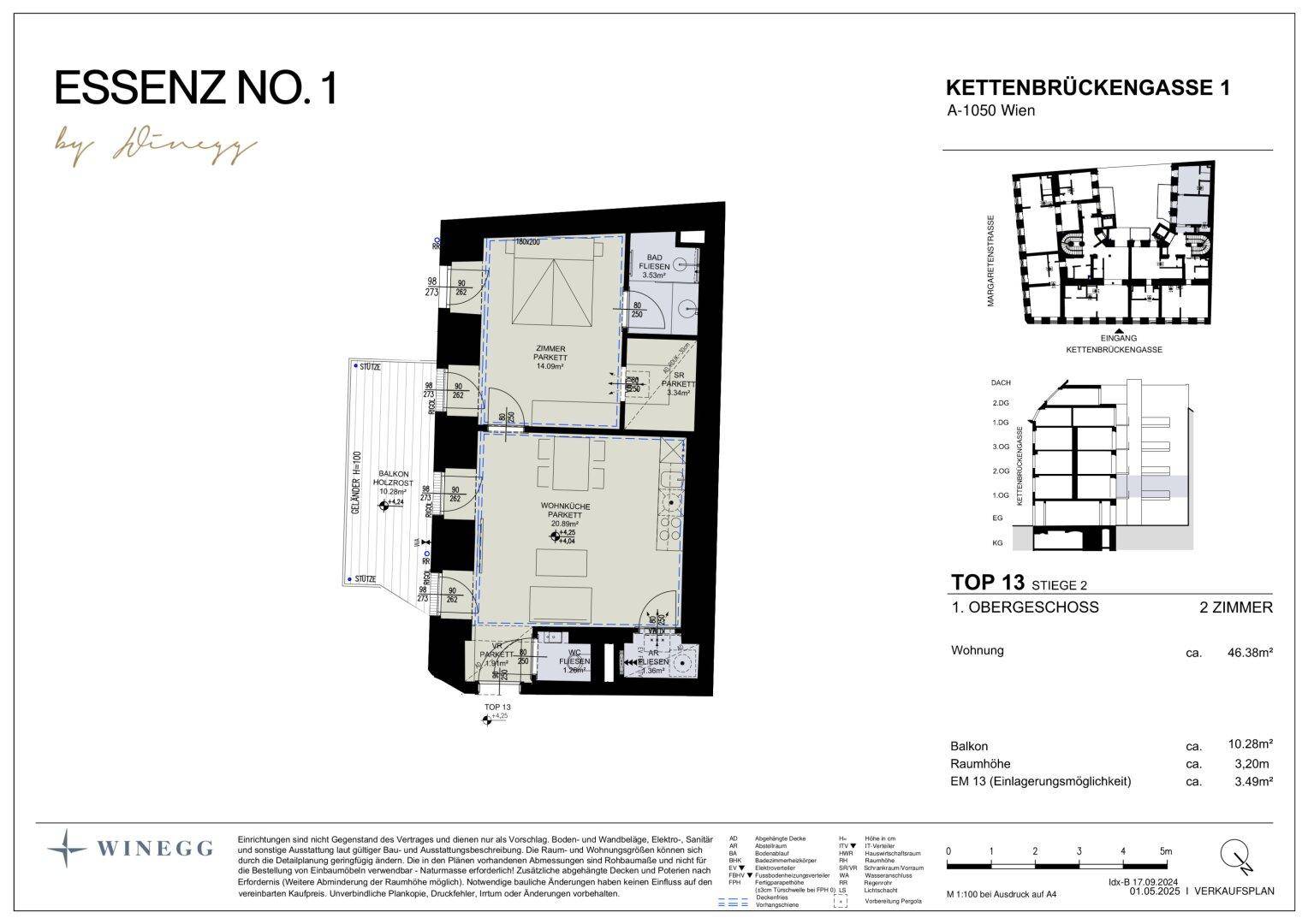 Grundriss einer 2-Zimmer-Wohnung mit offenem Wohnbereich, separatem Schlafzimmer und großem Balkon.