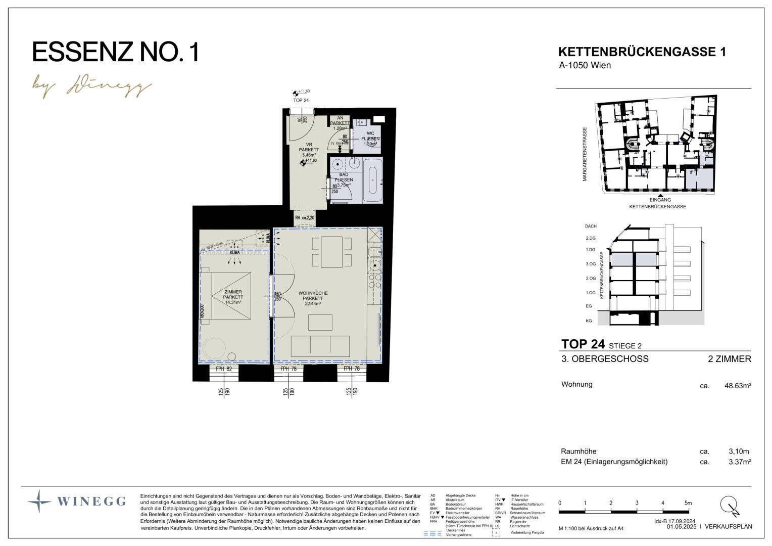 Grundriss einer 2-Zimmer-Wohnung im dritten Obergeschoss mit offener Wohnküche und Parkettboden.
