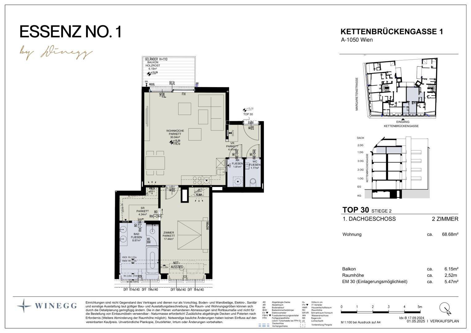 Detaillierter Grundriss einer Dachgeschosswohnung mit Balkon und Raumaufteilung.