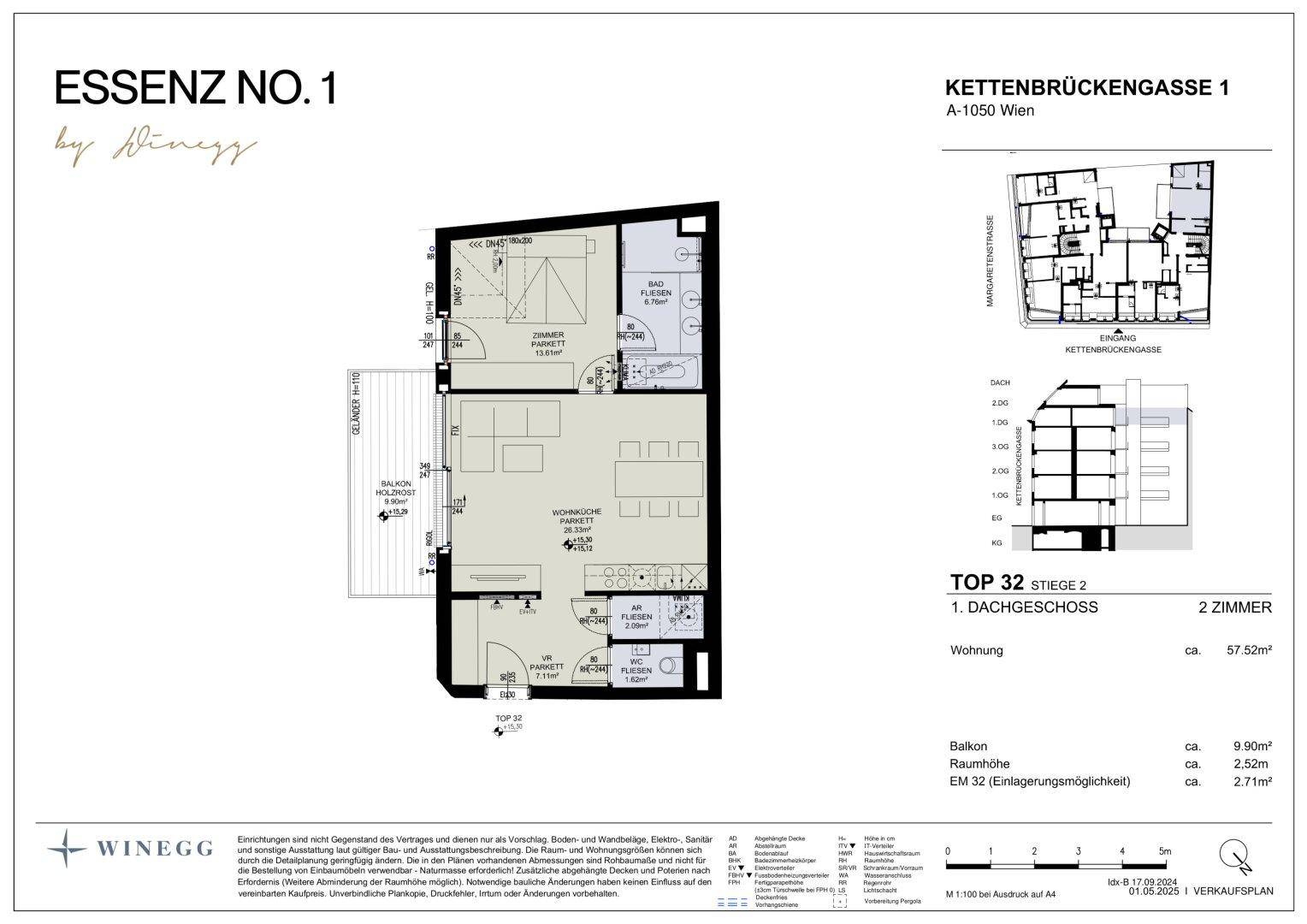 Detaillierter Grundriss einer Dachgeschosswohnung mit Balkon und 57,52 m² Wohnfläche.