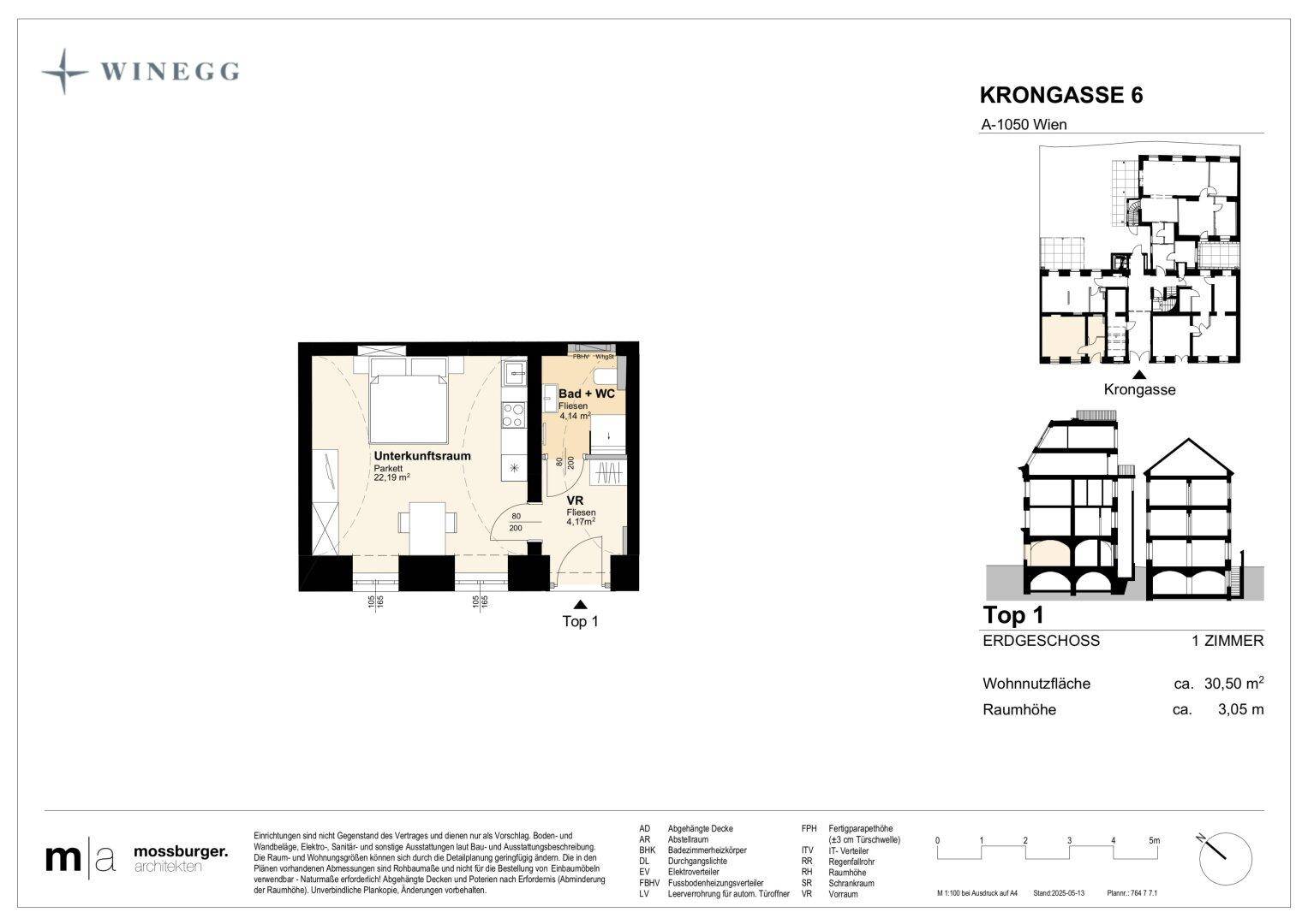 Grundriss der Wohnung Top 1 mit Wohnnutzfläche und Raumhöhe.