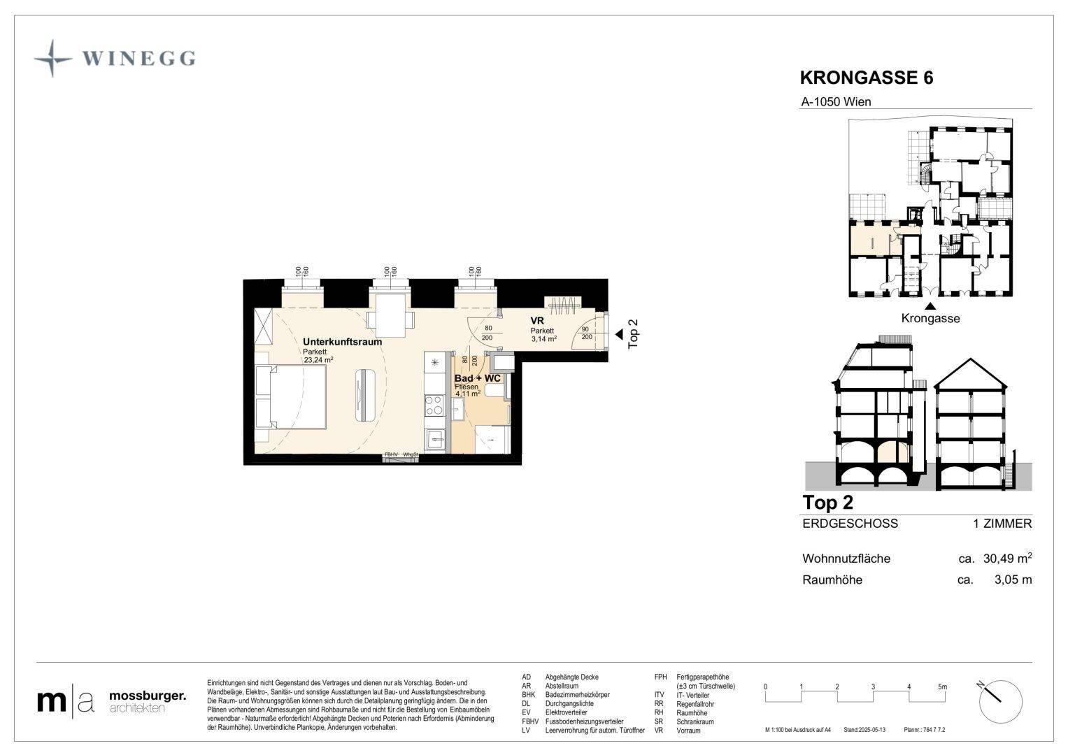 Grundriss des Erdgeschosses mit einem Zimmer und Bad, Gesamtfläche 30,49 m².