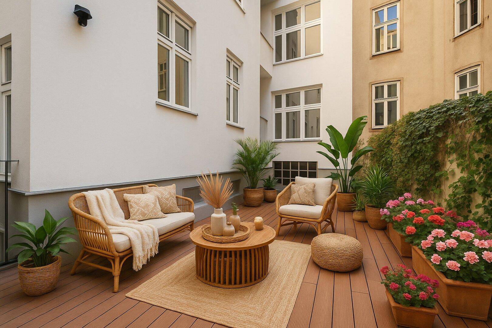 Charmante Terrasse im Innenhof mit bequemen Rattanmöbeln und üppiger Bepflanzung.