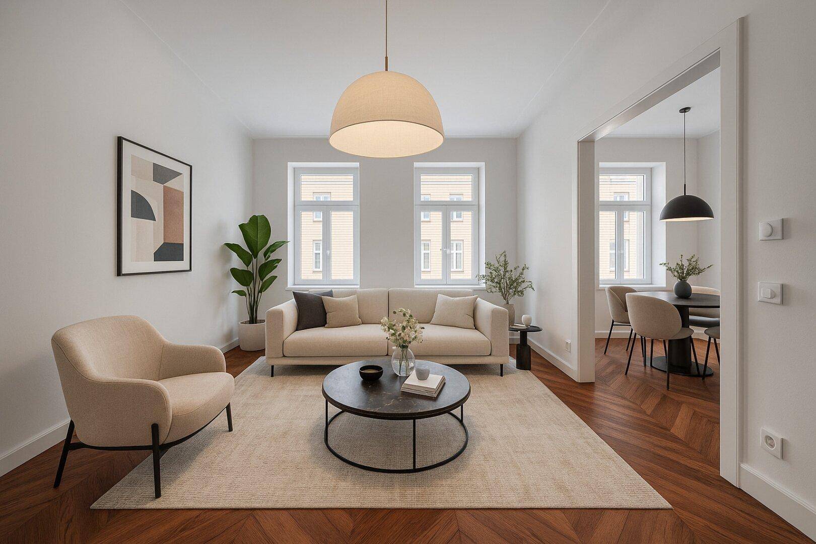 Stilvoller Wohnbereich mit beigem Sofa, modernem Teppich und Blick auf den Essbereich.