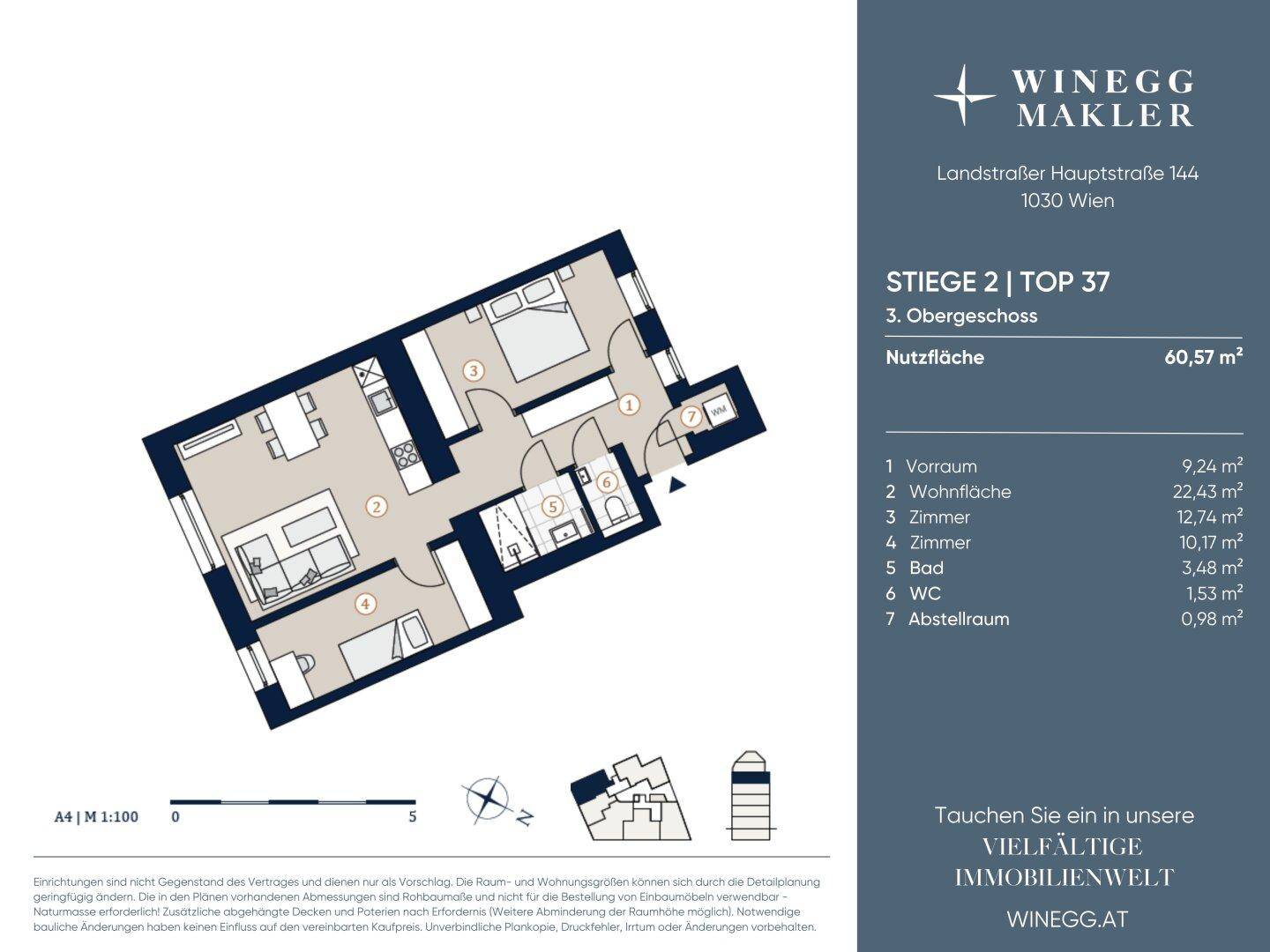 Detaillierter Grundriss einer 60,57 m² Wohnung mit drei Zimmern und separatem WC.