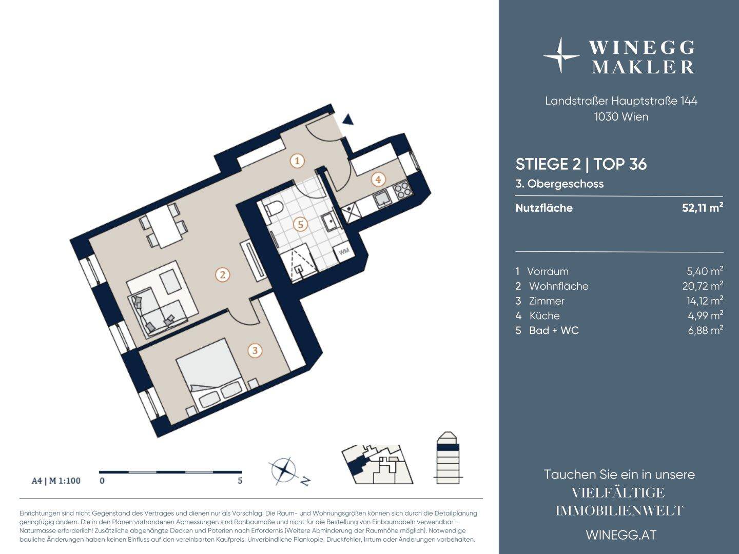 Detaillierter Grundriss einer Wohnung mit 52,11 m² Nutzfläche, inklusive Zimmeraufteilung.