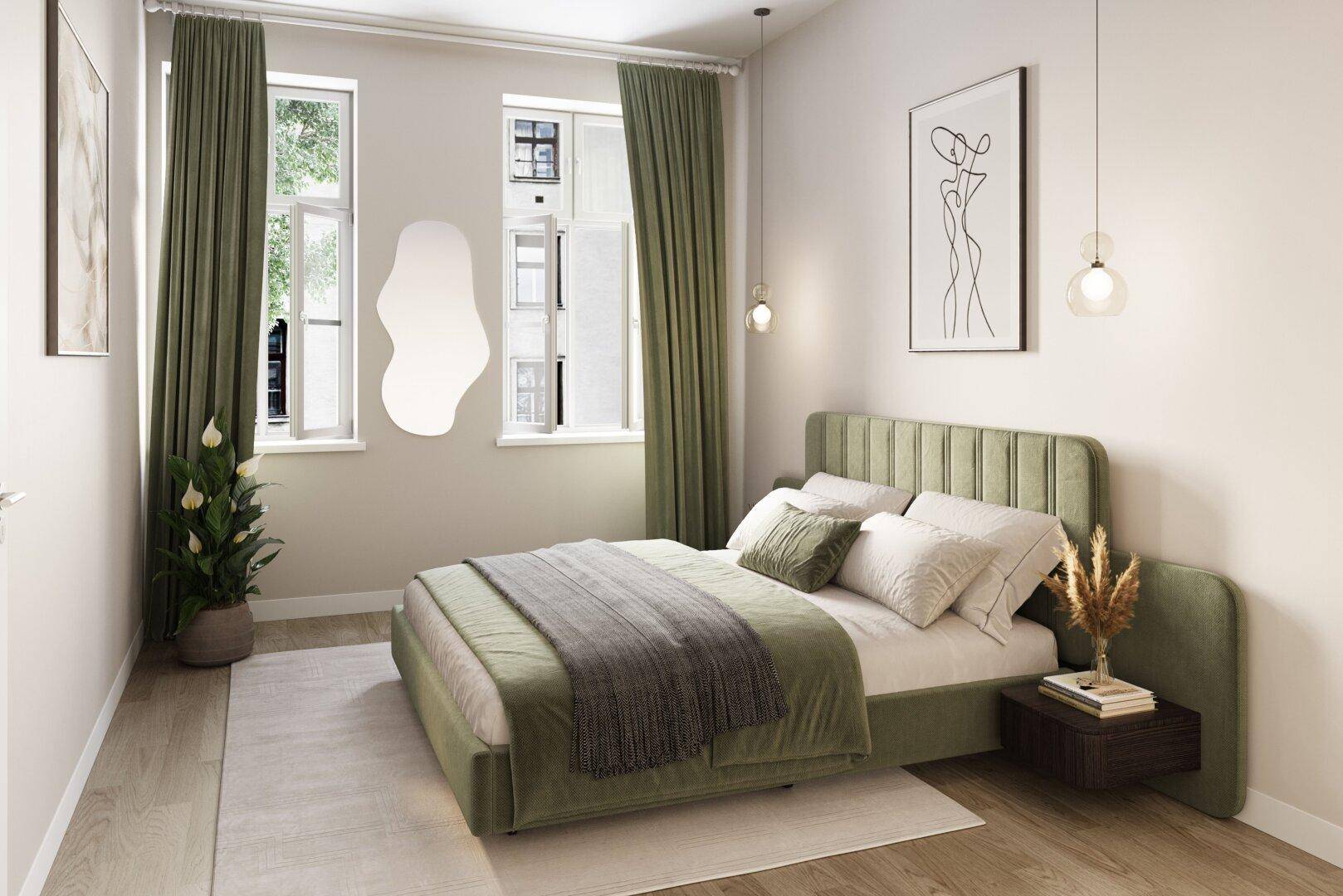 Helles Schlafzimmer mit grünem Polsterbett, Holzfußboden und hohen Fenstern.