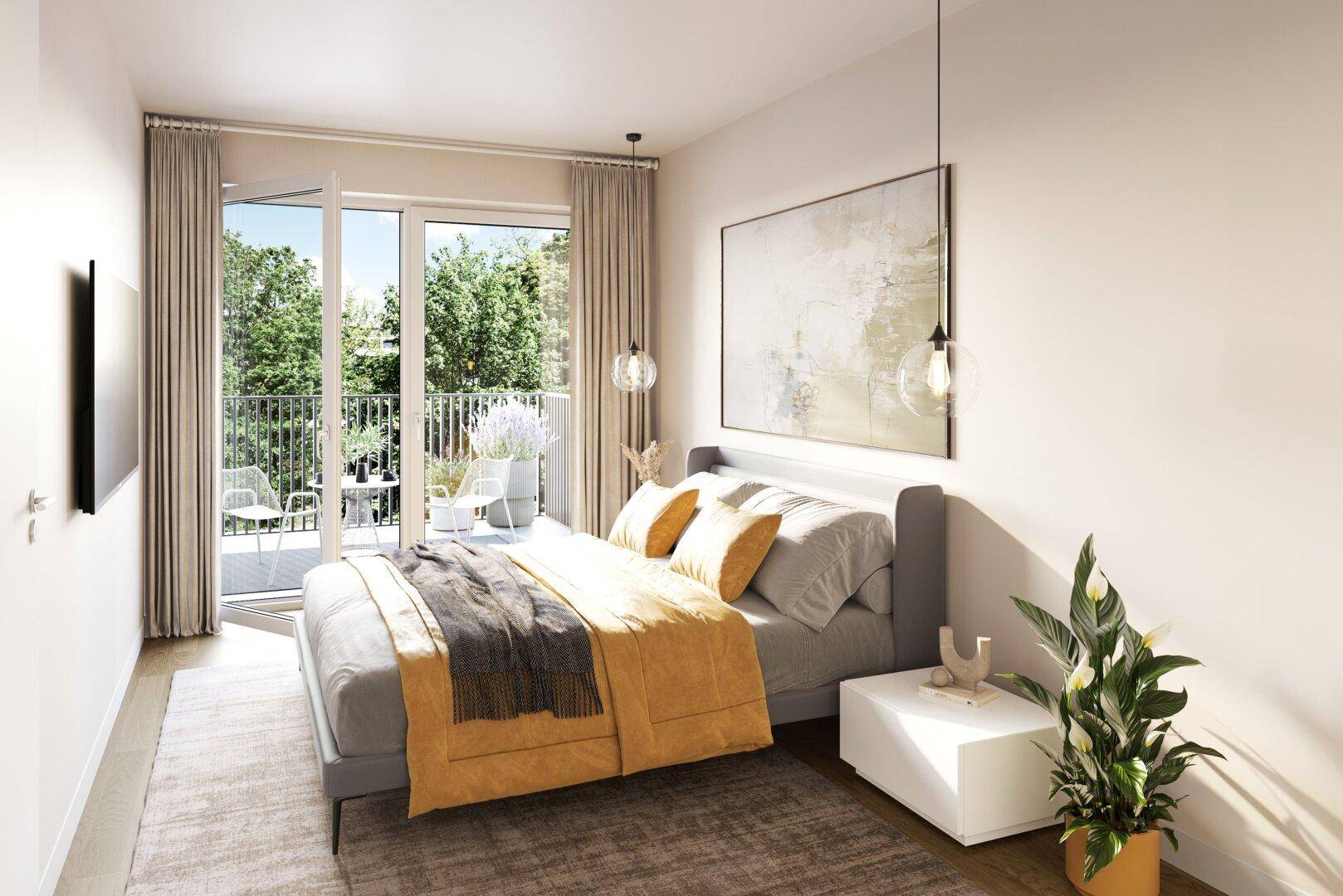 Gemütliches Schlafzimmer mit Doppelbett, Holzboden und direktem Zugang zum Balkon.