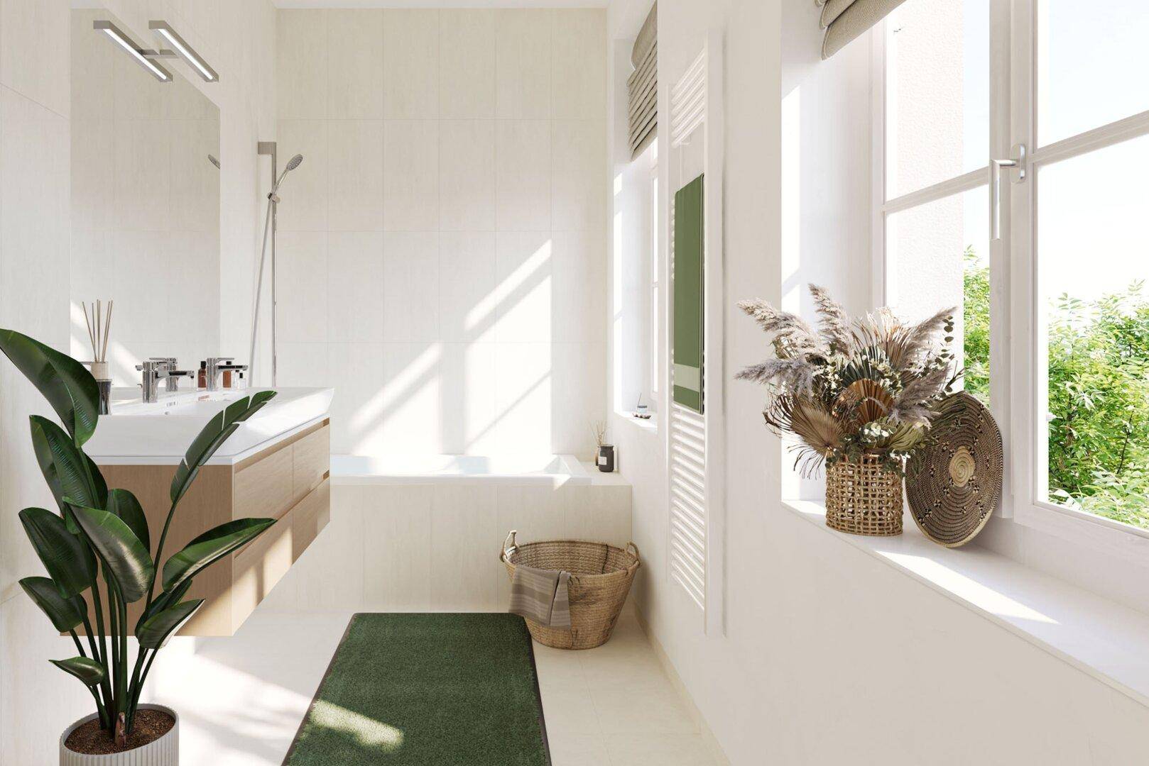 Modernes Badezimmer mit Badewanne, großem Fenster und Holzwaschtisch.
