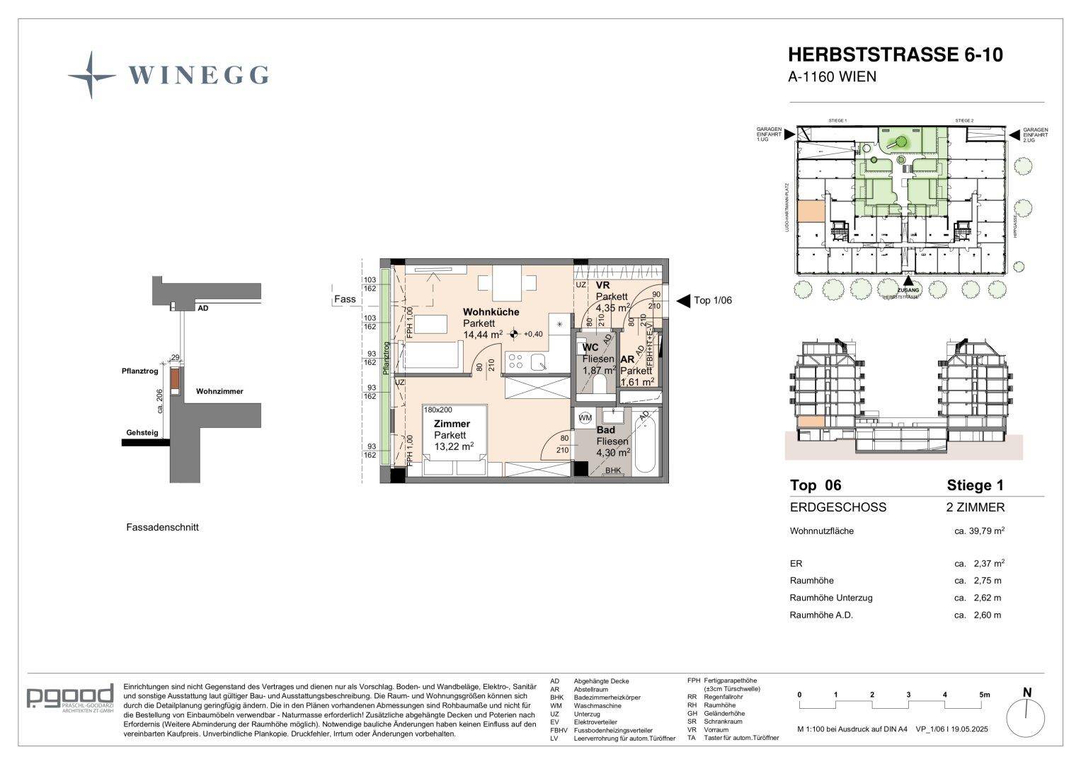 Grundriss einer 2-Zimmer-Wohnung im Erdgeschoss mit Wohnküche und Bad.
