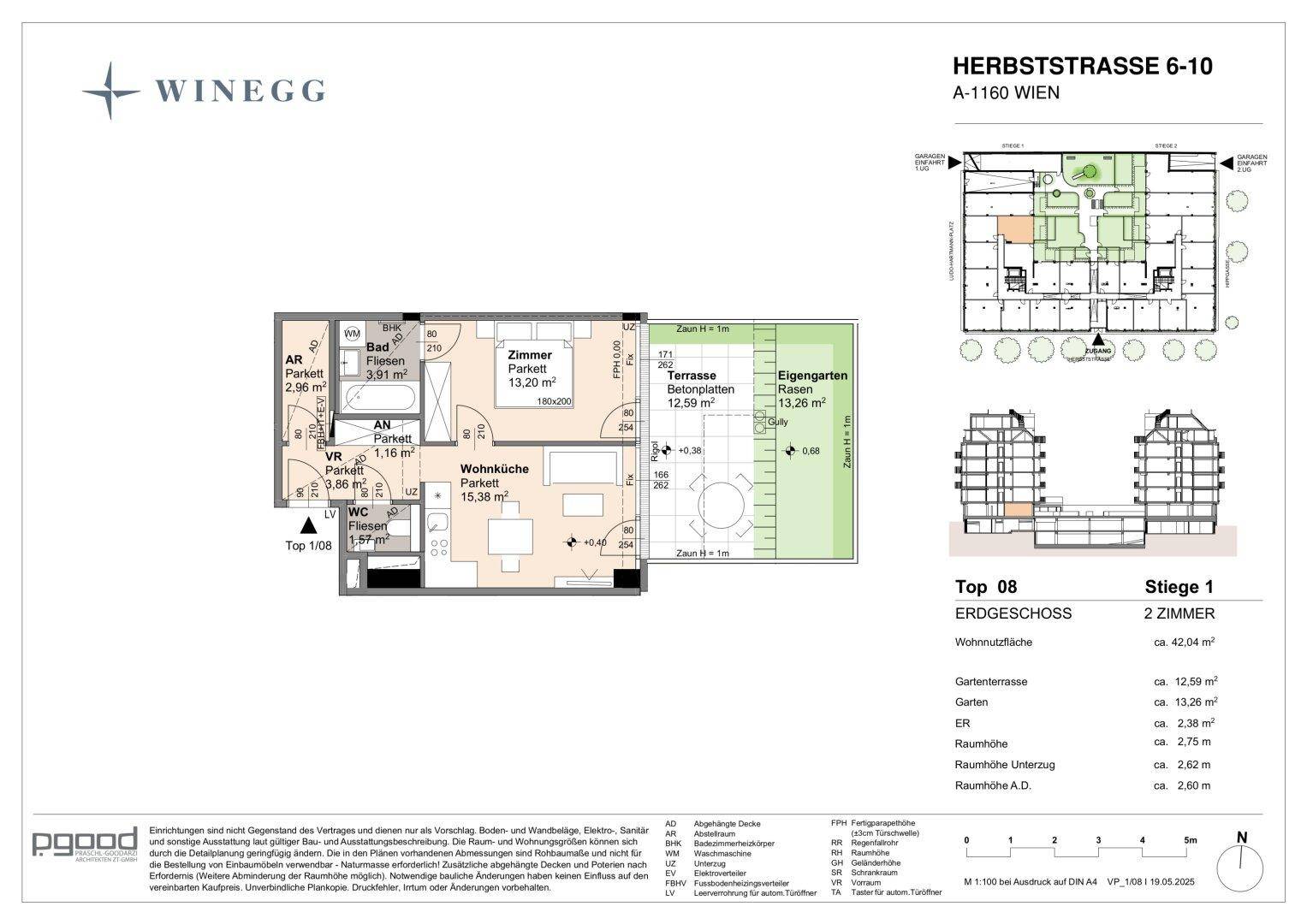 Grundriss einer 2-Zimmer-Wohnung im Erdgeschoss mit Terrasse und eigenem Garten.