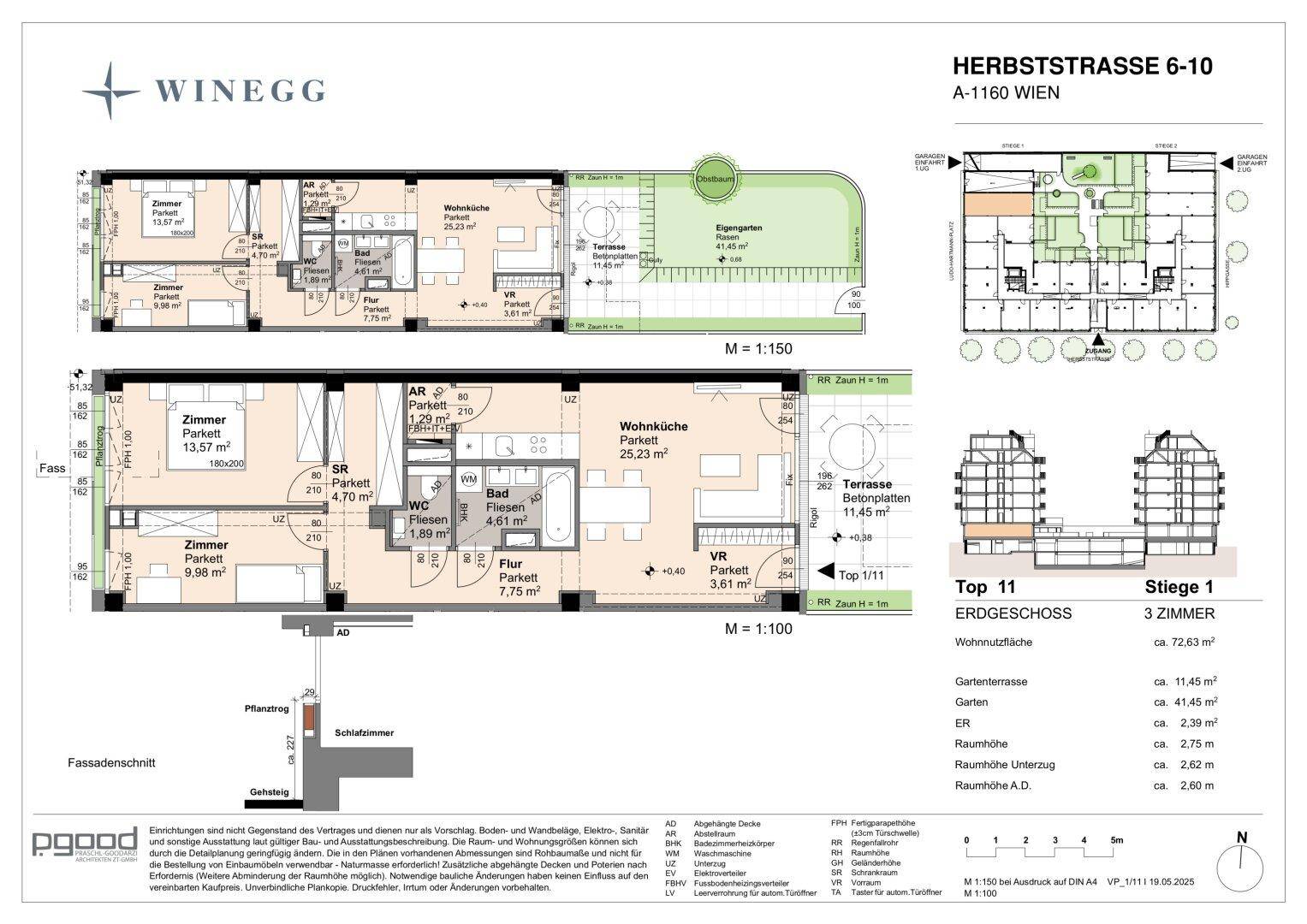Detaillierter Grundriss einer Wohnung mit Garten und Terrasse, inklusive Maßangaben.
