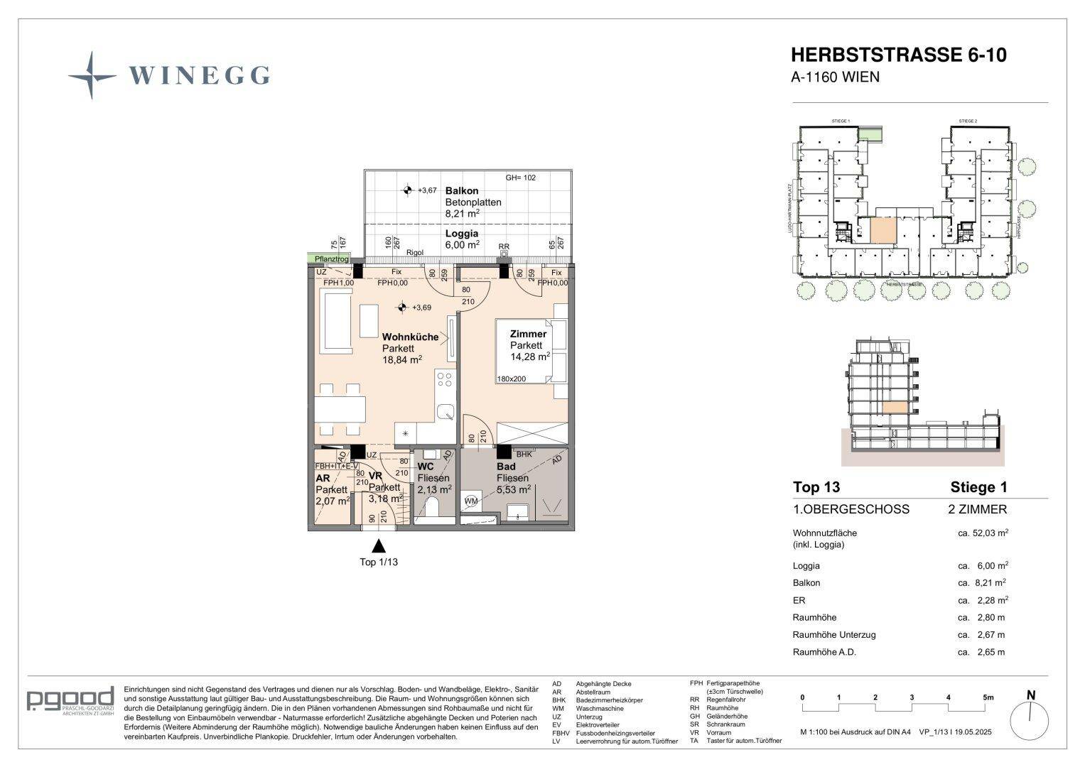 Detaillierter Grundriss einer Wohnung mit Balkon, Loggia und offenem Wohnbereich.