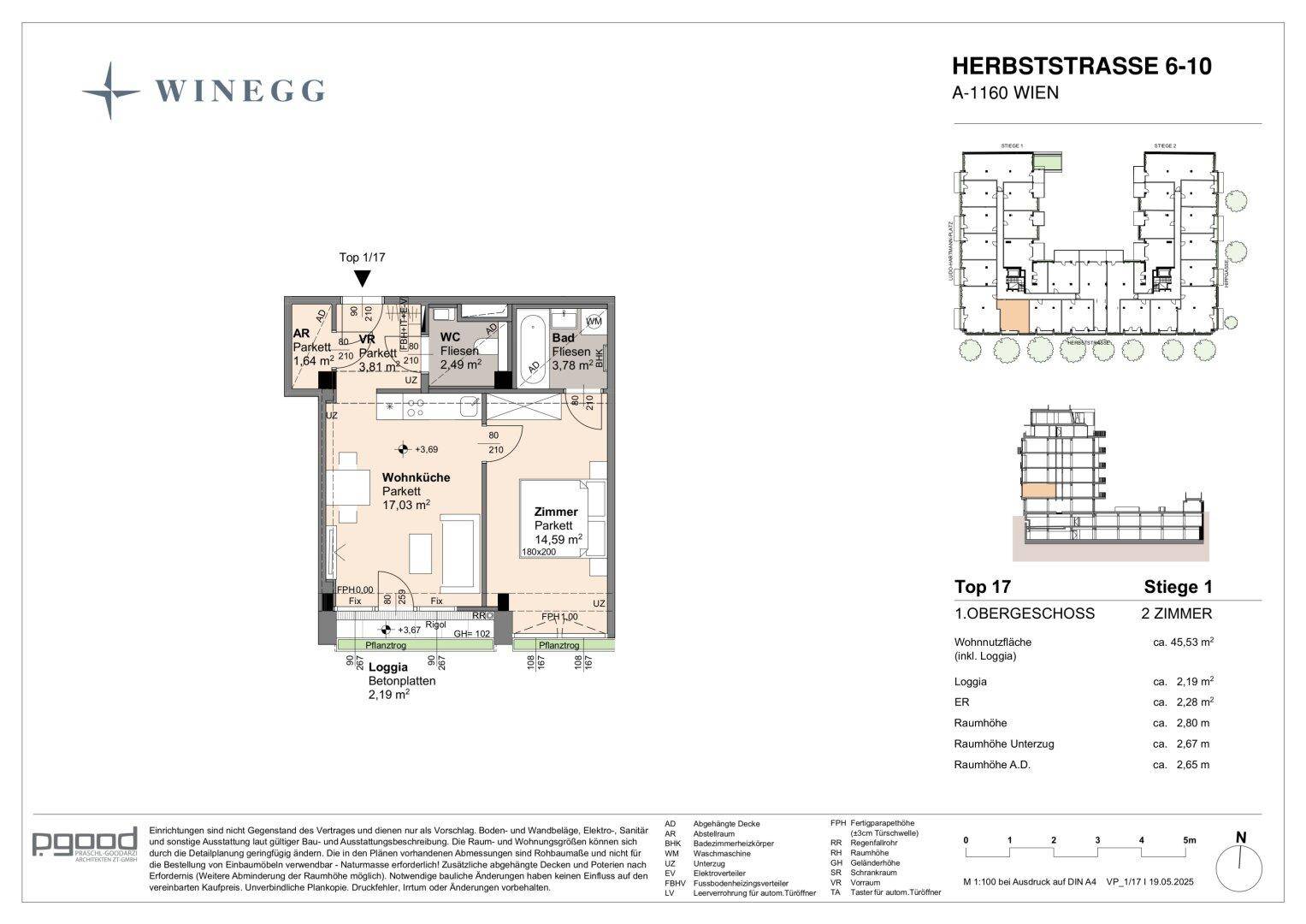 Grundriss einer Zweizimmerwohnung mit Loggia und offener Wohnküche.
