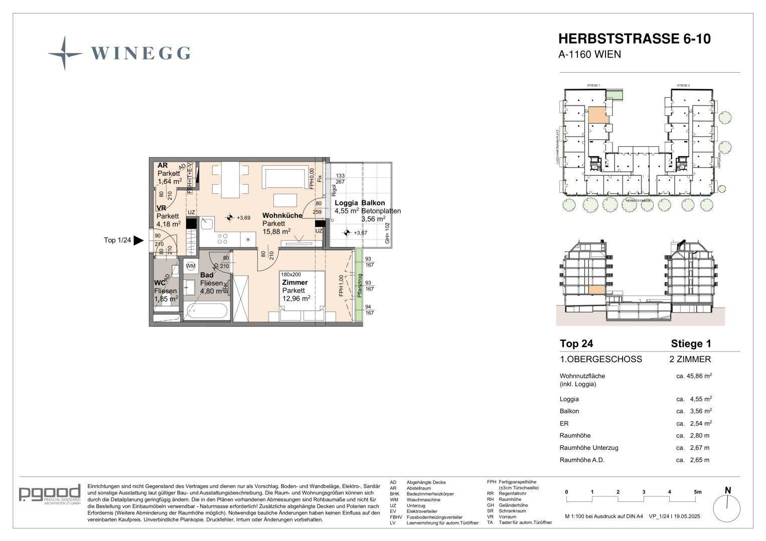 Grundriss einer 2-Zimmer-Wohnung mit Loggia und Balkon im Obergeschoss.