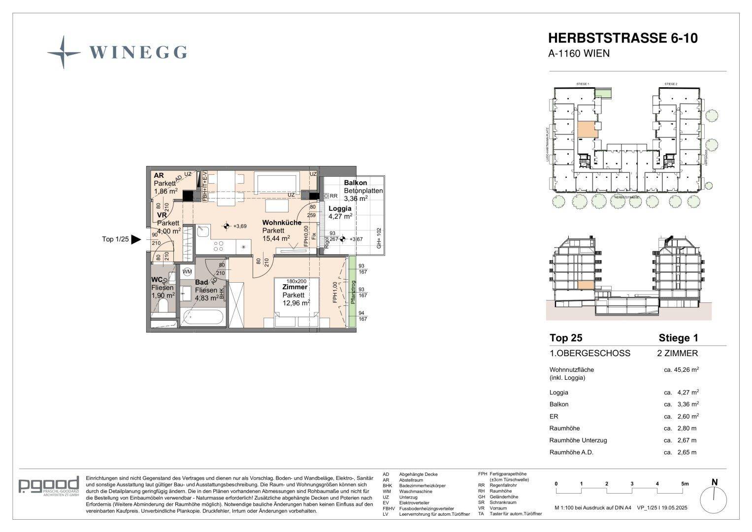 Grundriss einer 2-Zimmer-Wohnung im Obergeschoss mit Balkon und Loggia.