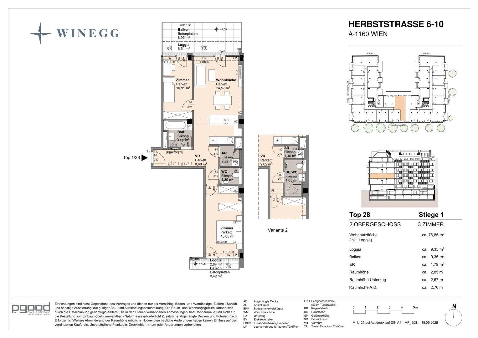 Grundriss einer Dreizimmerwohnung mit offener Wohnküche, Loggia und Balkon.