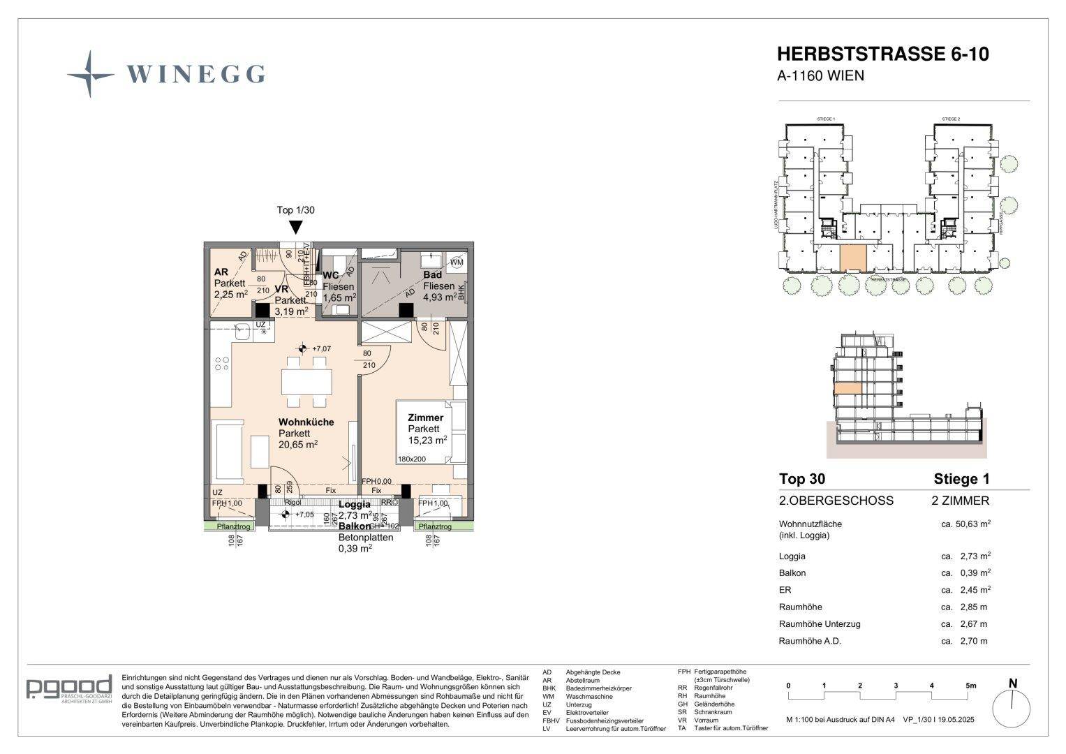 Detaillierter Grundriss einer Wohnung mit Wohnküche, Schlafzimmer und Balkon.