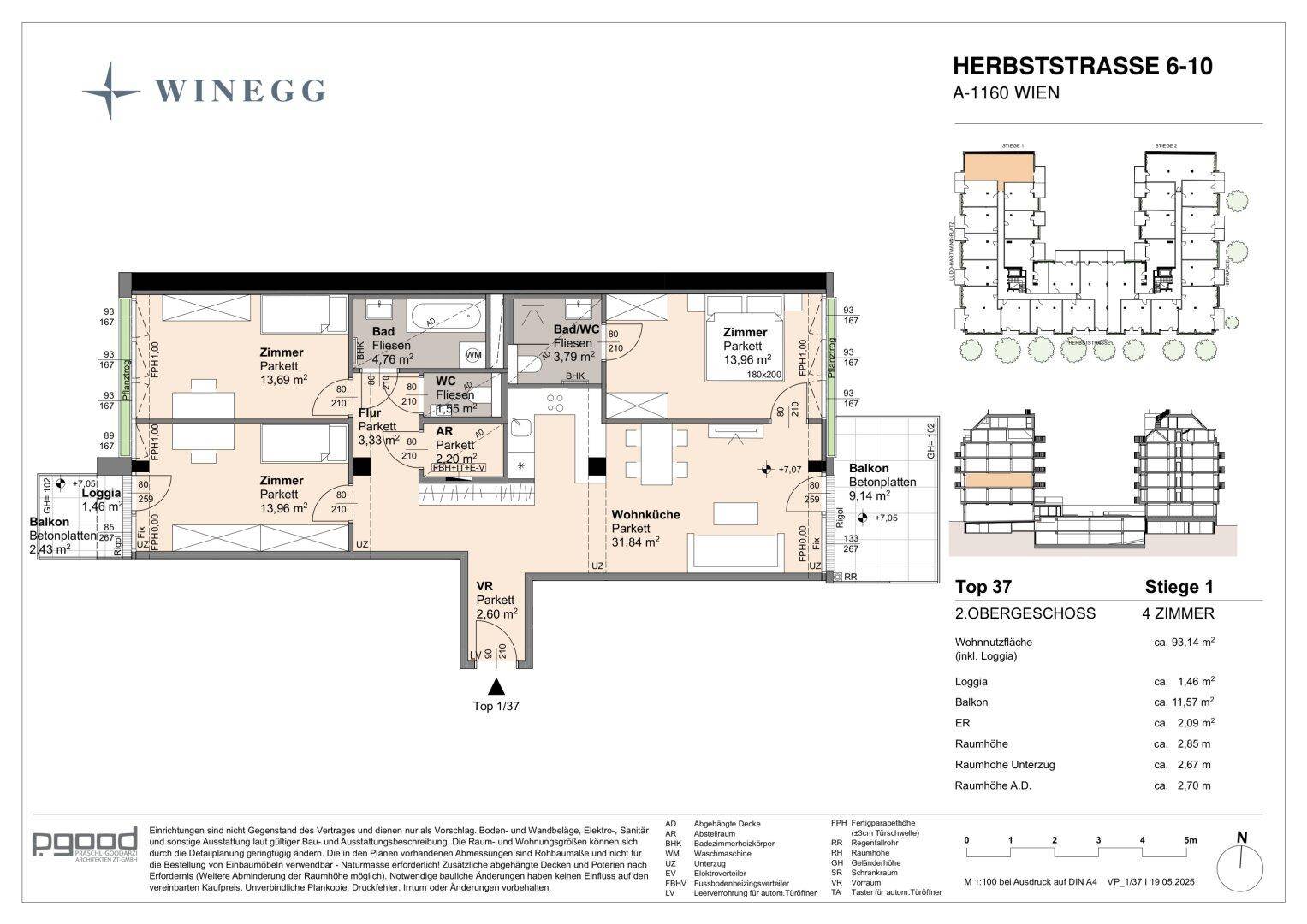 Grundriss einer 4-Zimmer-Wohnung mit Balkon und Loggia, Gesamtfläche 93,14 m².