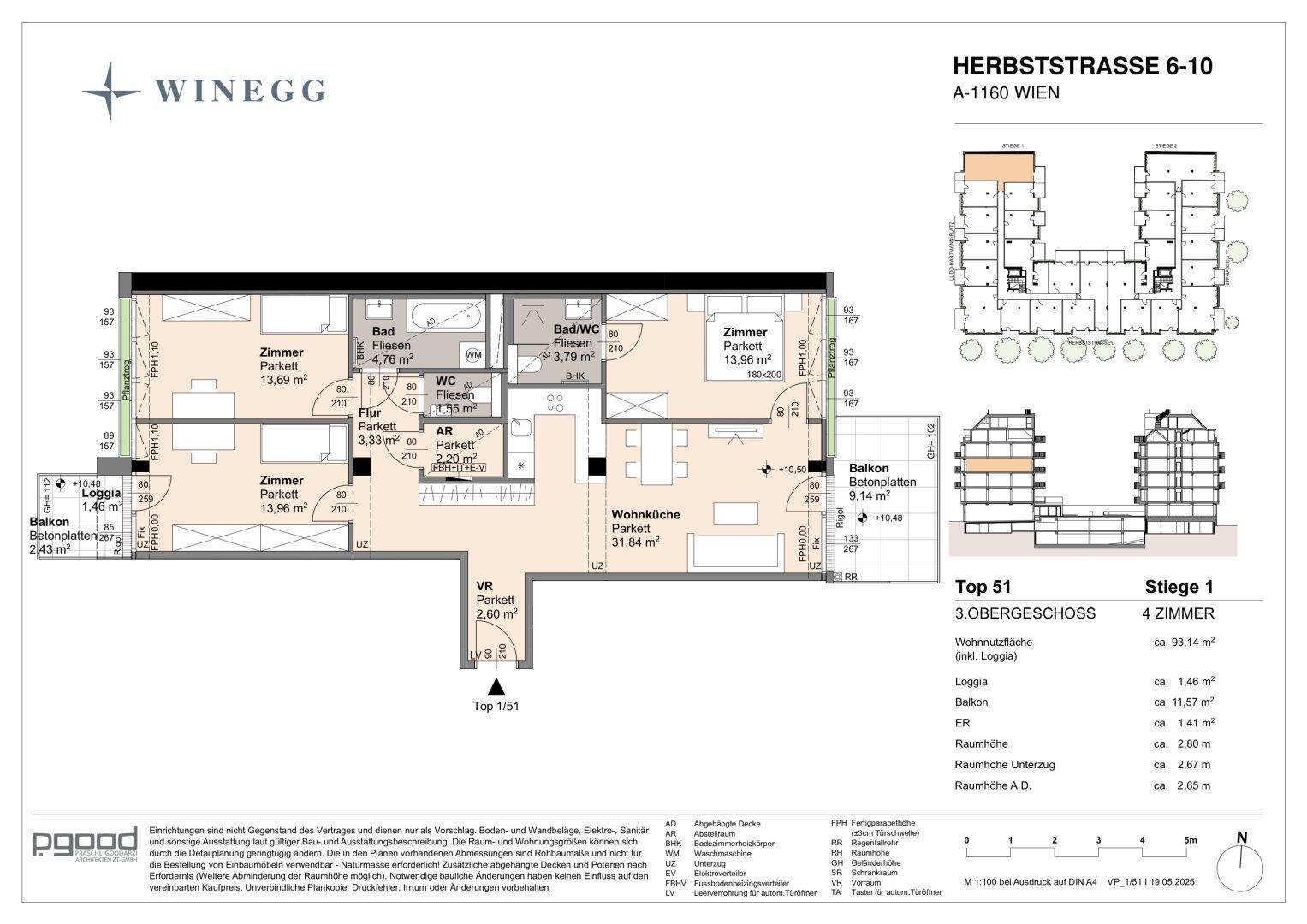 Detaillierter Grundriss einer 4-Zimmer-Wohnung mit Balkon und Loggia in Wien.
