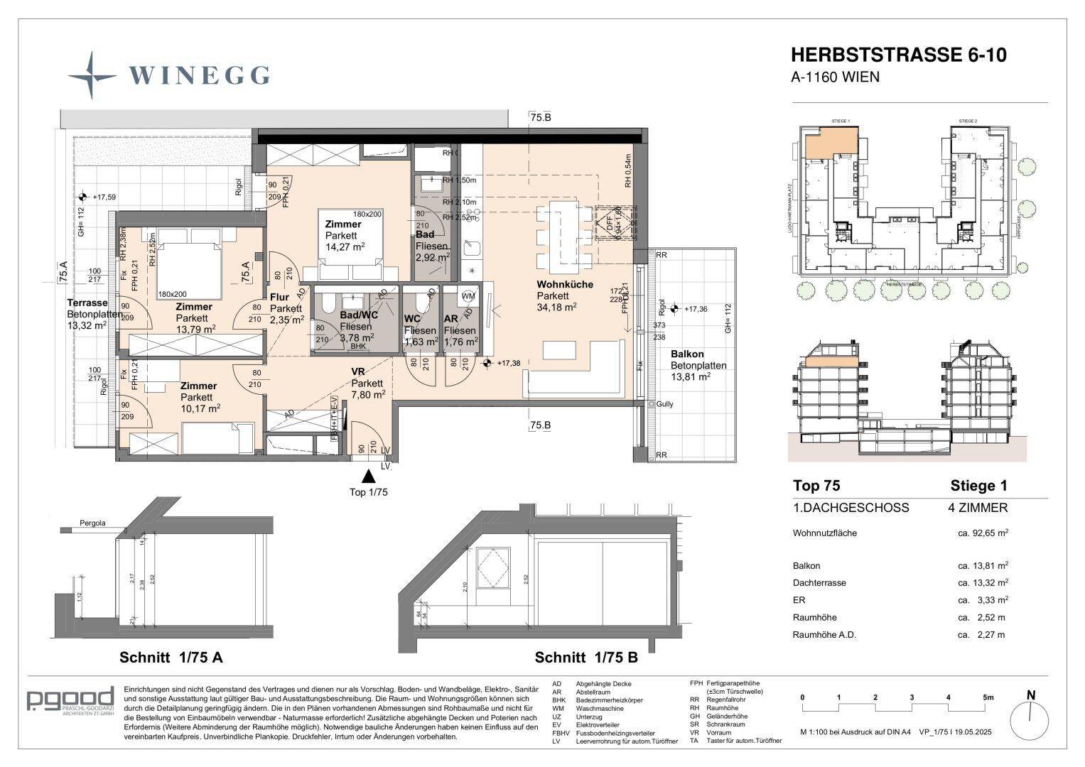 Detaillierter Grundriss einer 4-Zimmer-Wohnung mit Terrasse und Balkon.