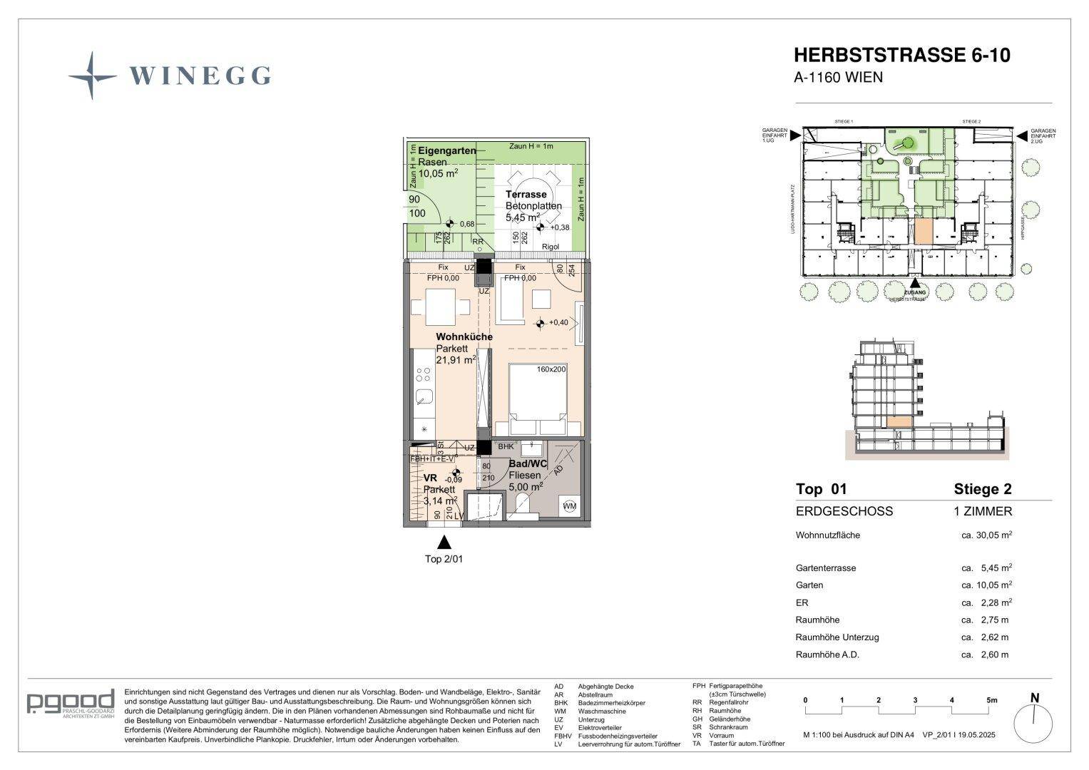 Grundriss einer 1-Zimmer-Wohnung im Erdgeschoss mit Garten und Terrasse.