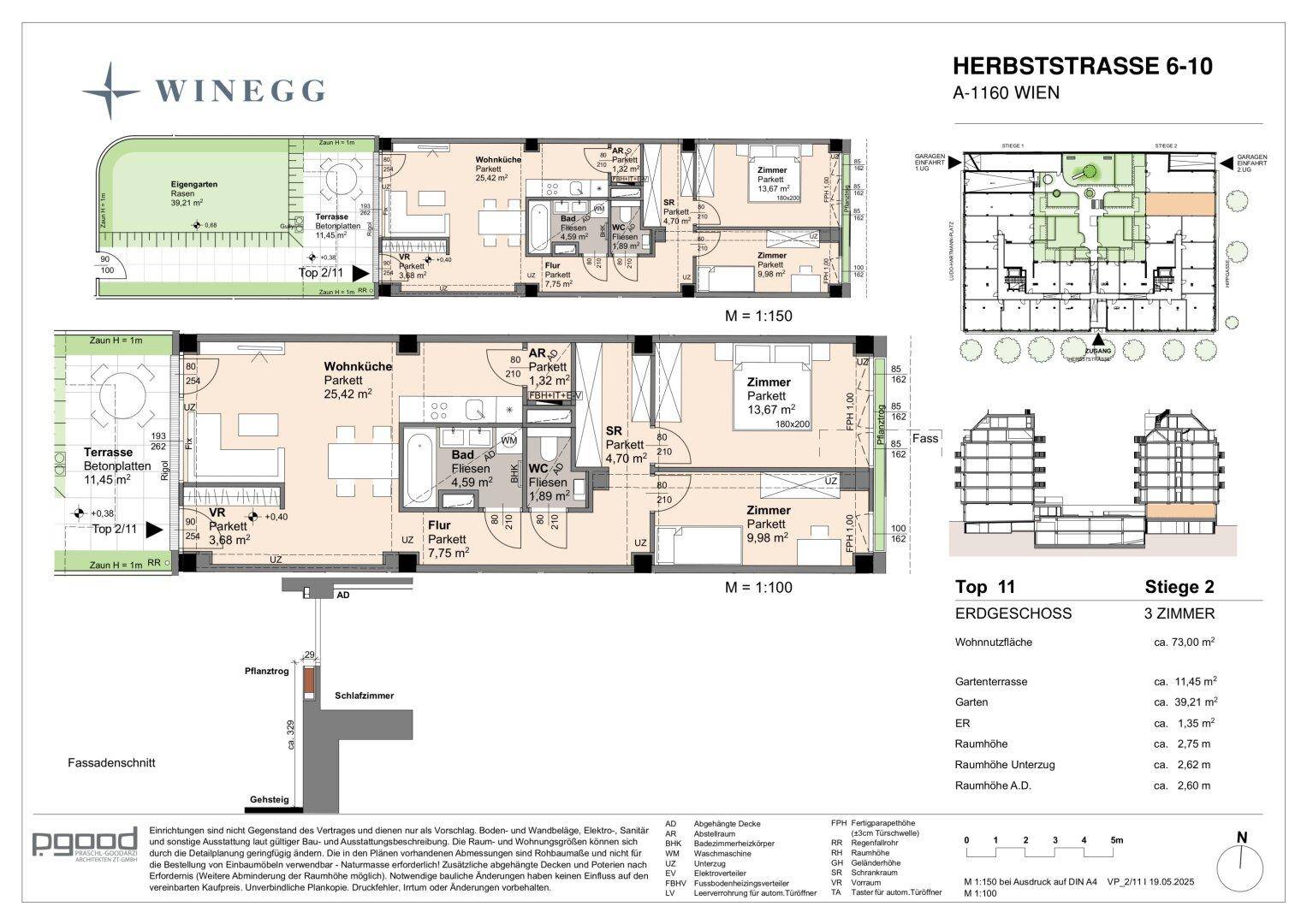 Detaillierter Grundrissplan für zwei Wohnungen mit Garten und Terrasse sowie Gebäudeschnitten.
