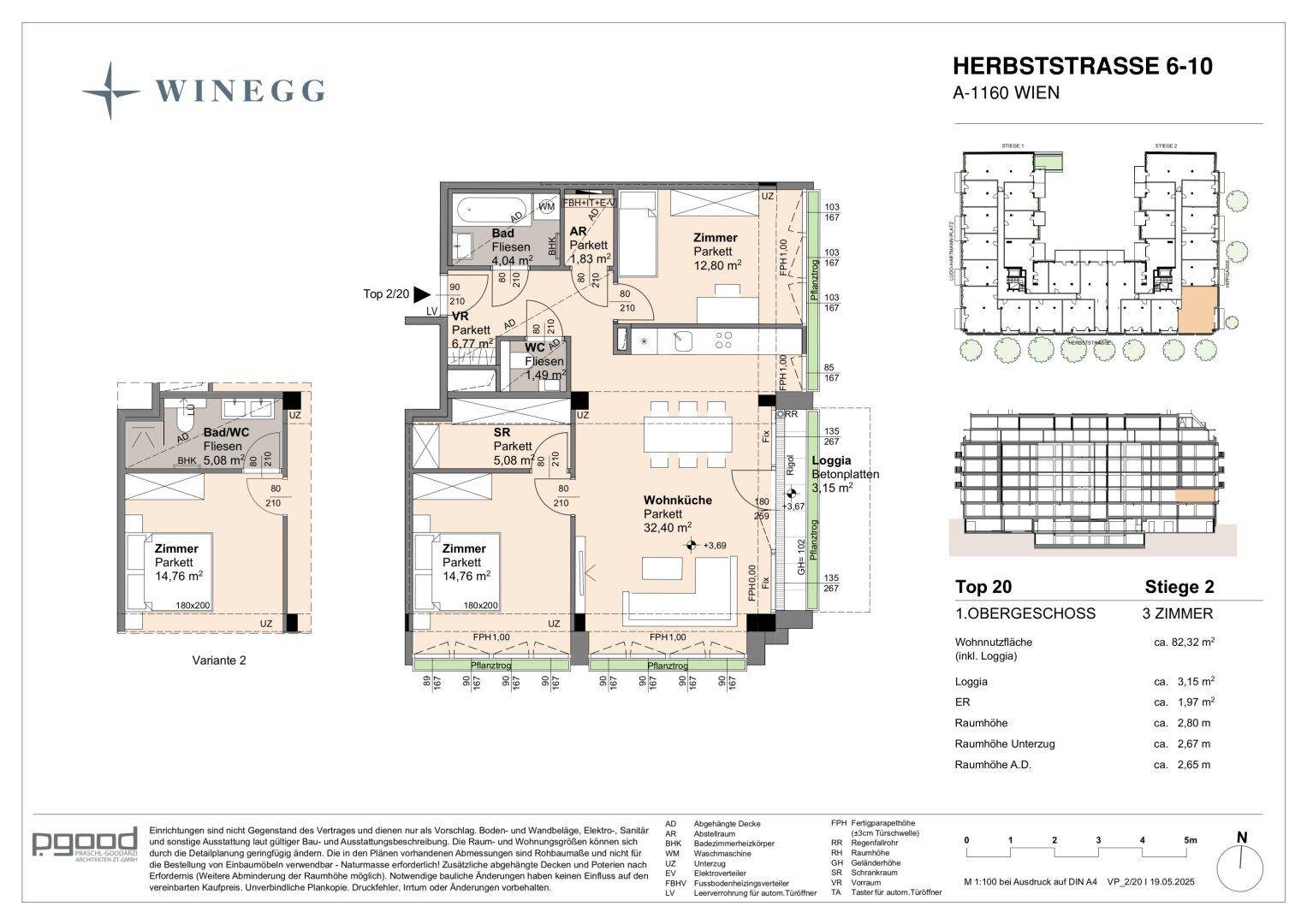 Grundriss einer 3-Zimmer-Wohnung mit offener Wohnküche, Loggia und zwei Bädern, inklusive einer Bad-Variante.
