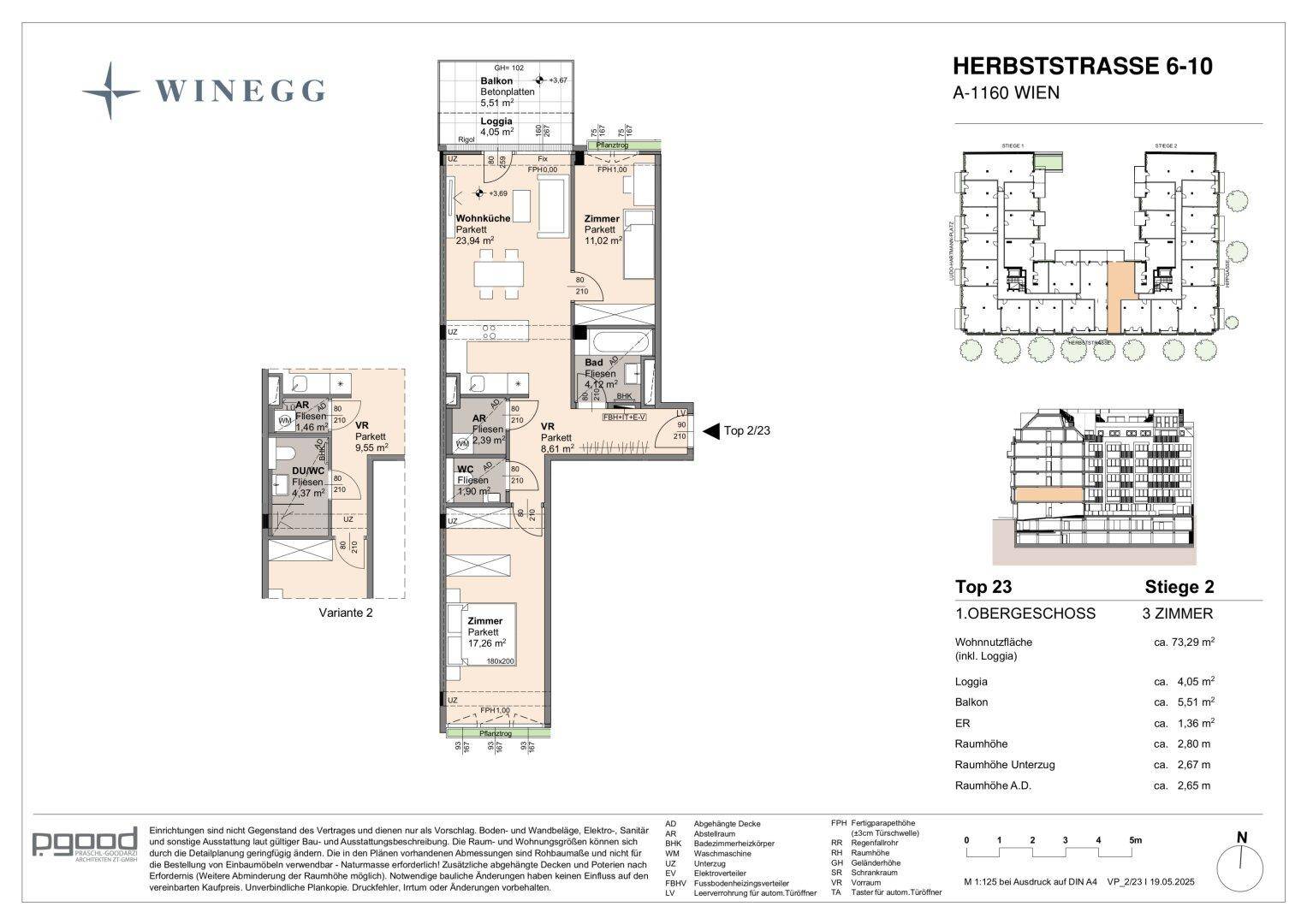 Grundriss einer Wohnung mit offener Wohnküche, zwei Bädern und Zugang zu Balkon und Loggia.