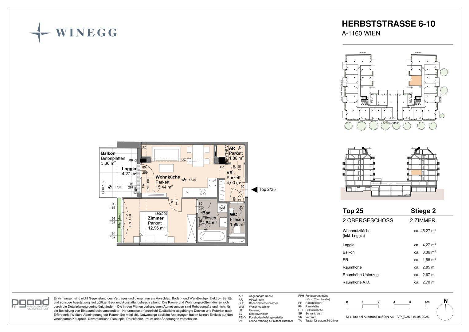 Grundriss einer 2-Zimmer-Wohnung mit offener Wohnküche, Balkon und Loggia im 2. Obergeschoss.