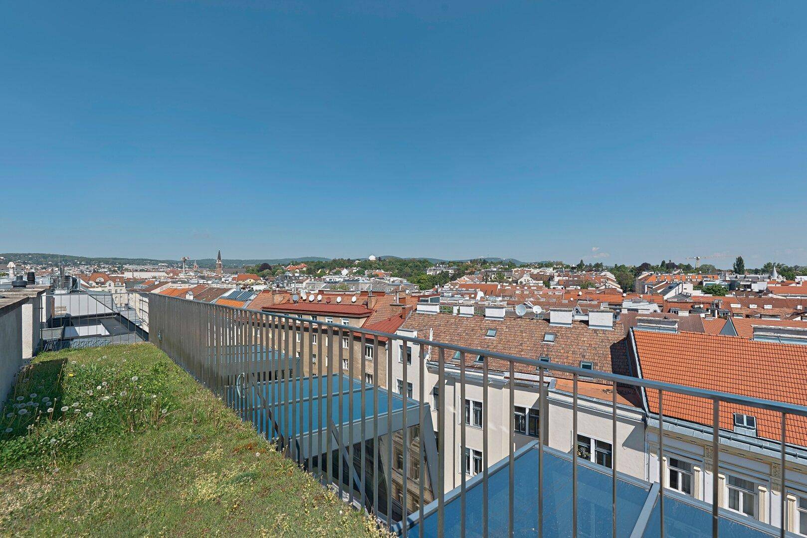 Panoramablick über die Dächer der Stadt von einer begrünten Dachfläche mit Metallgeländer.