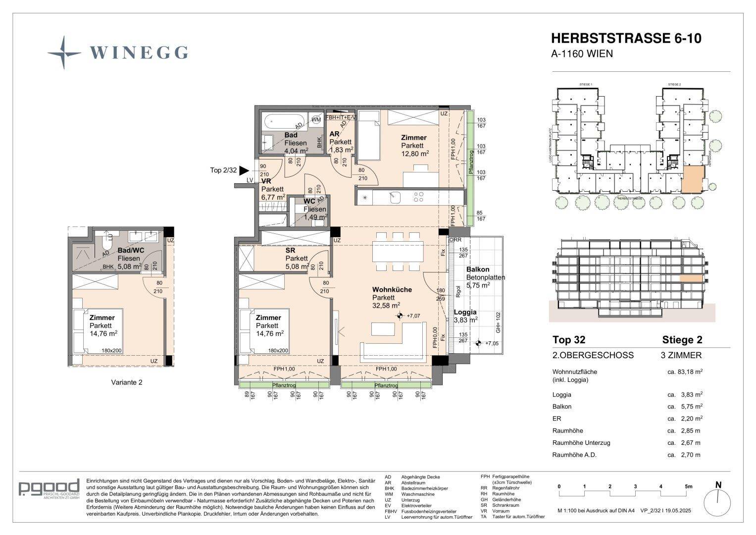 Grundriss einer Wohnung mit offenem Wohnbereich, Balkon, Loggia und separatem WC.