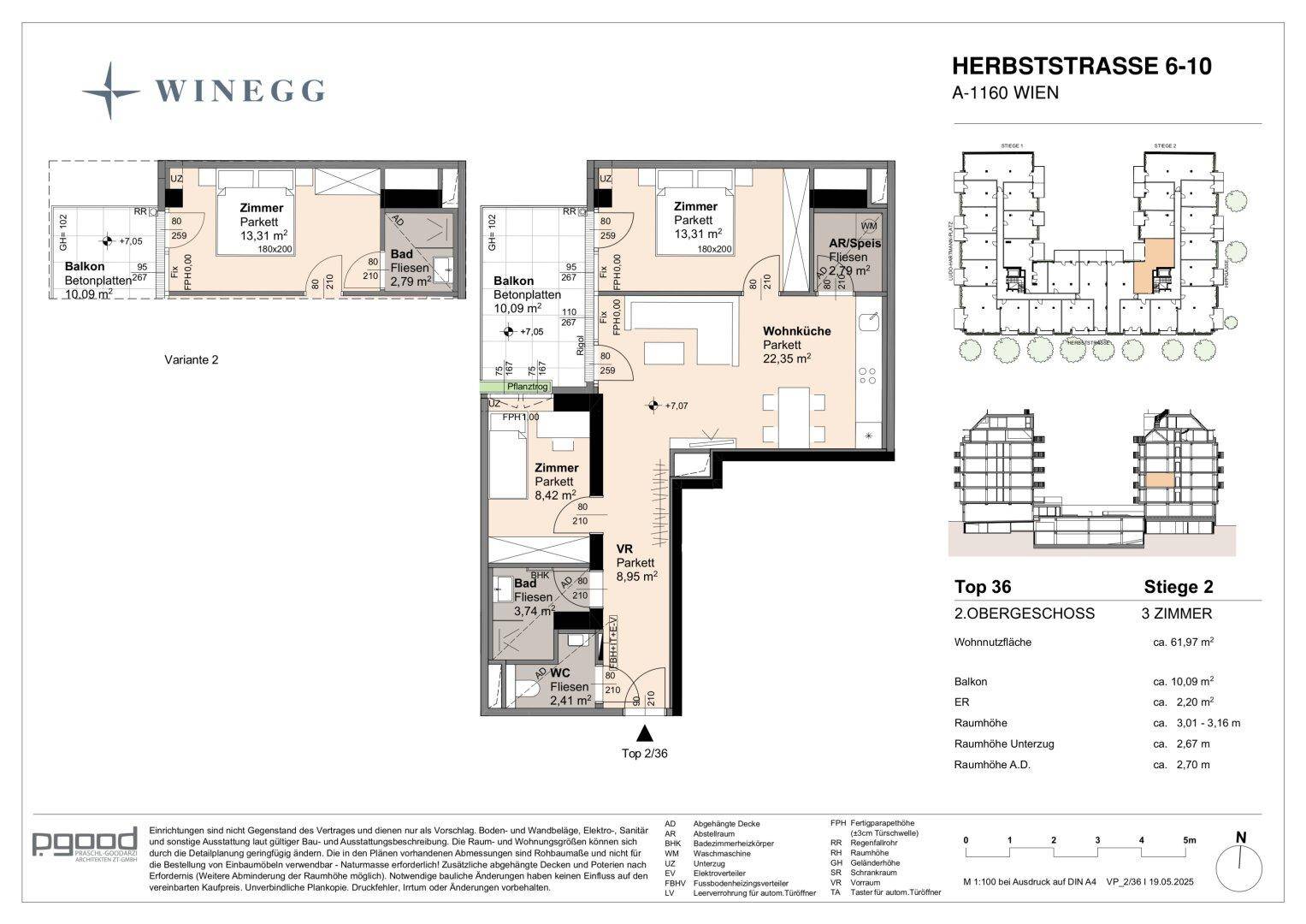 Grundriss einer modernen Wohnung mit drei Zimmern, offener Wohnküche, Balkon und zwei Bädern.