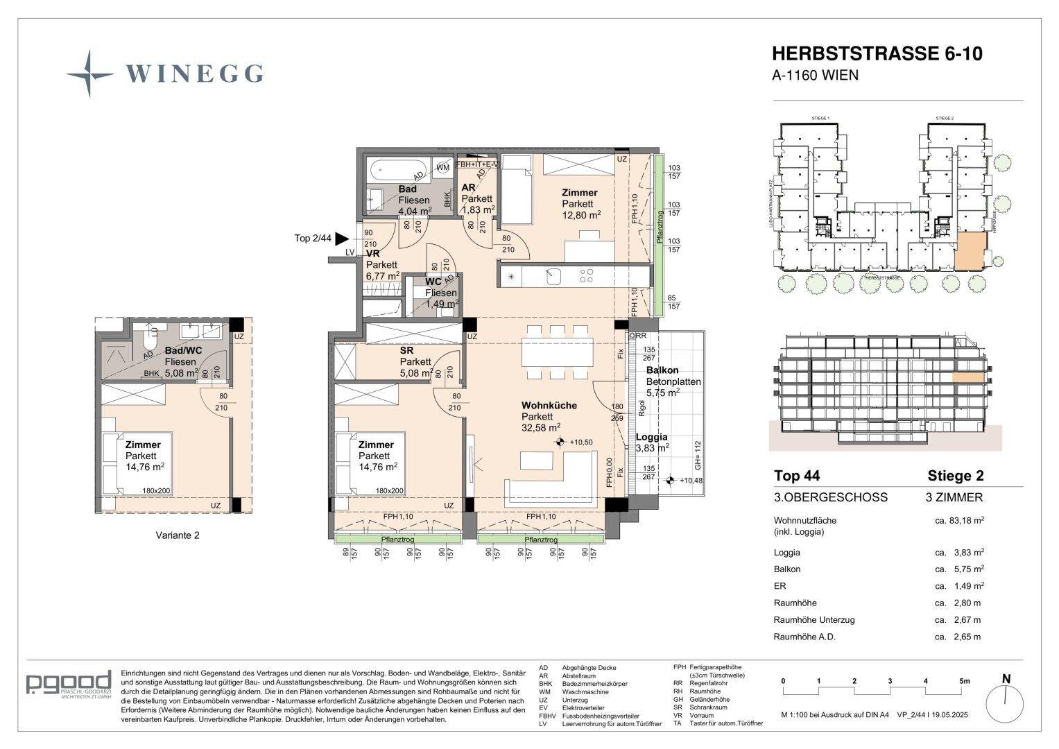 Grundriss einer 3-Zimmer-Wohnung im 3. Obergeschoss mit offener Wohnküche, Balkon und Loggia.