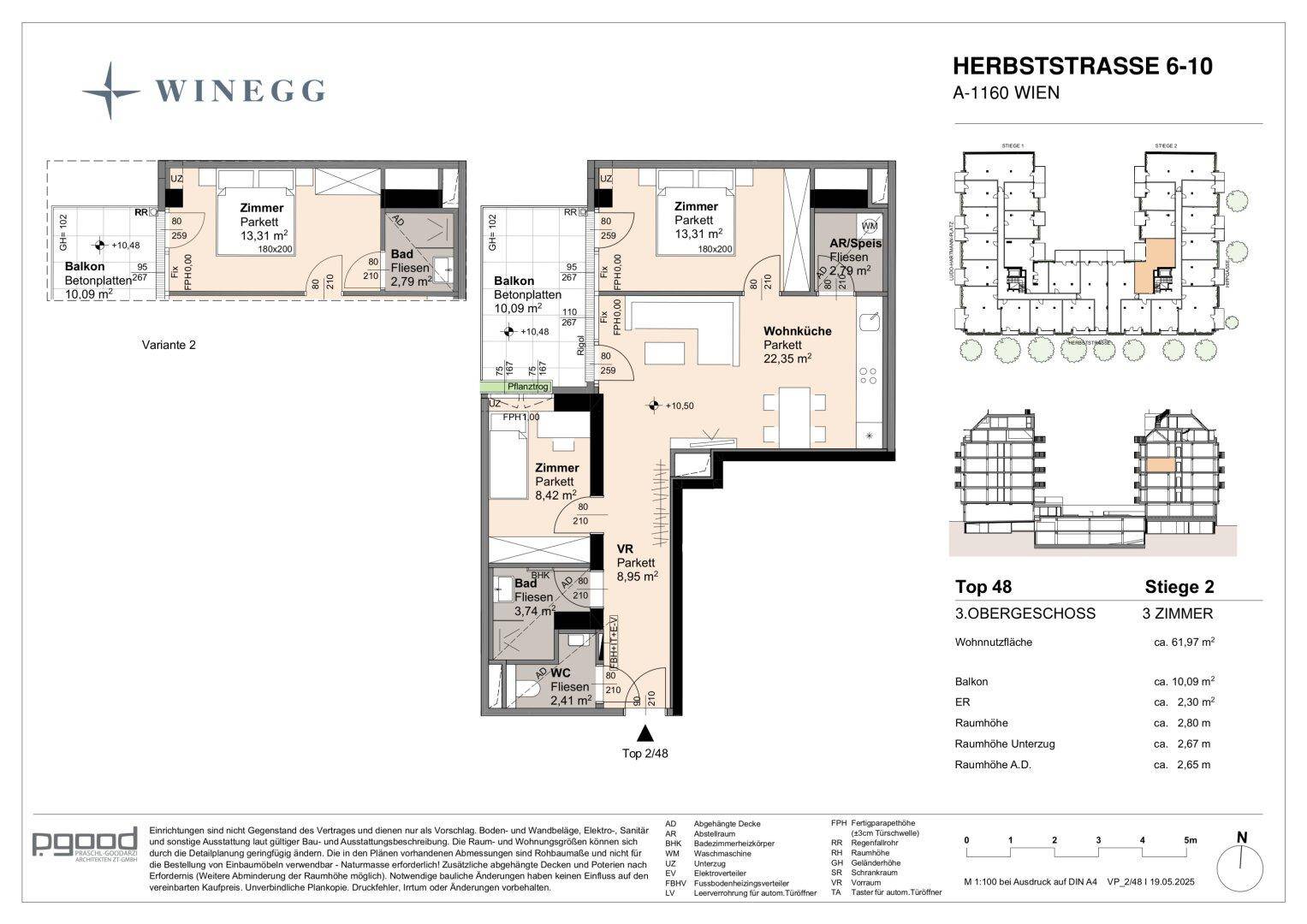 Detaillierter Grundriss einer Dreizimmerwohnung mit offener Wohnküche, zwei Bädern und Balkon.
