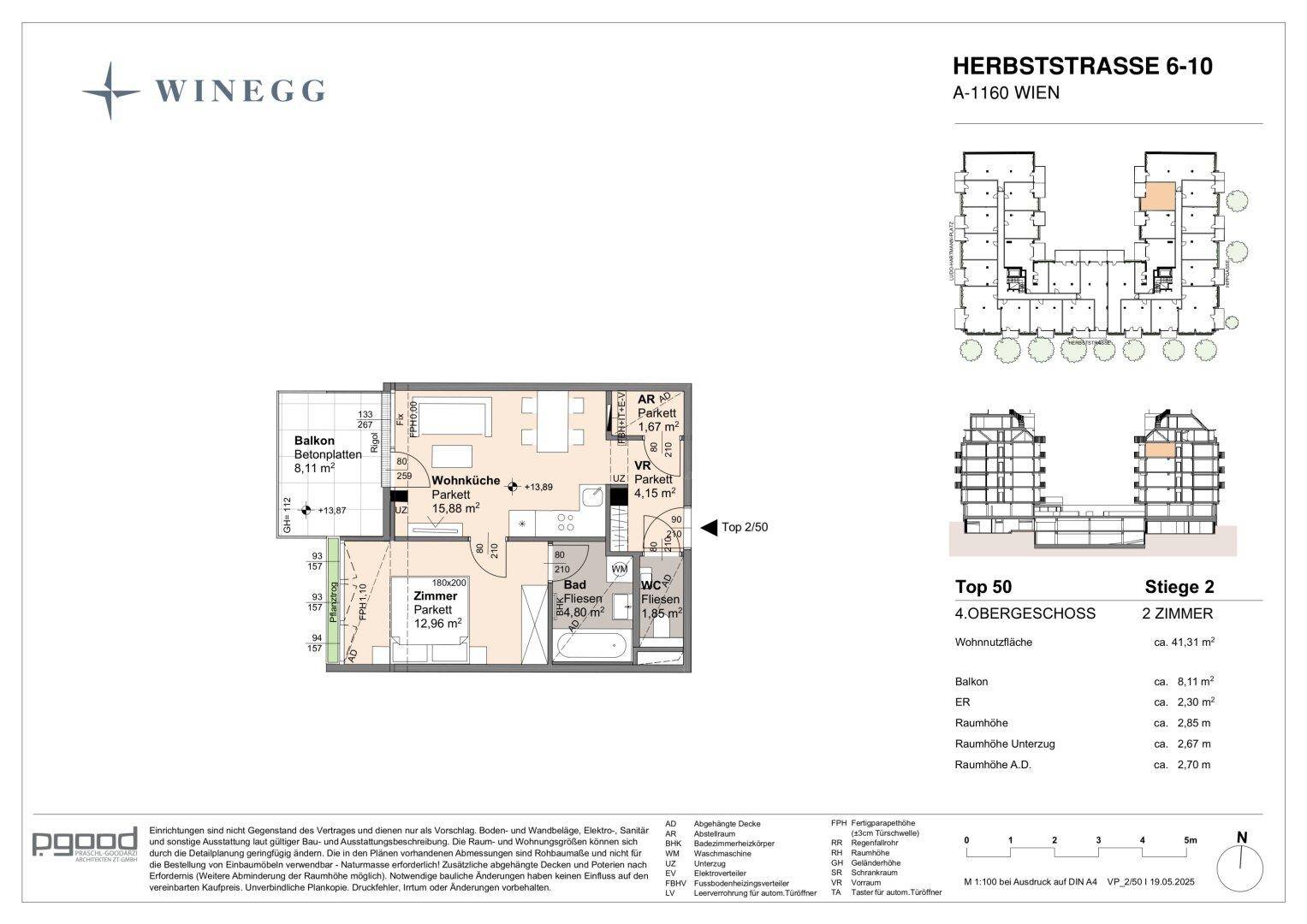 Grundriss einer 2-Zimmer-Wohnung mit offener Wohnküche, Balkon und separatem WC.