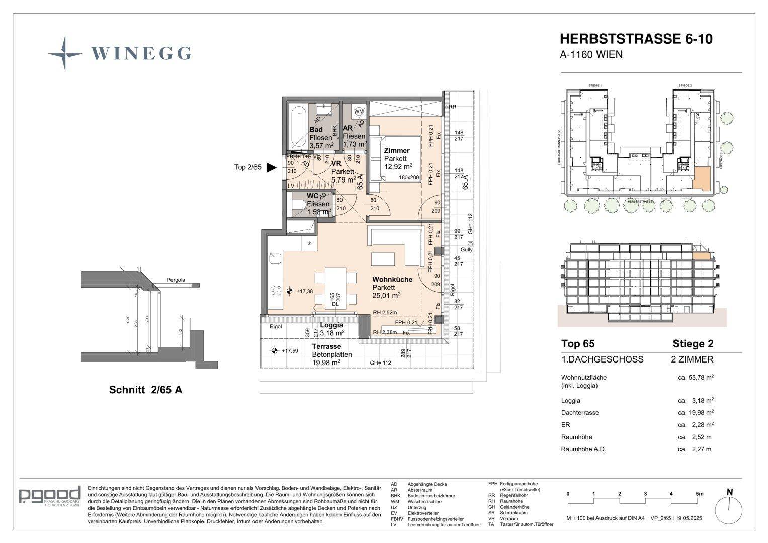 Detaillierter Grundriss einer 2-Zimmer-Wohnung im Dachgeschoss mit Loggia und Terrasse.