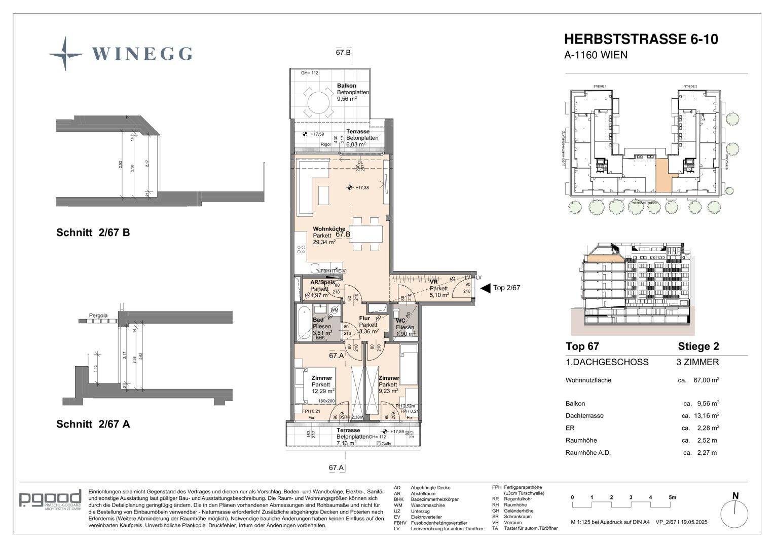 Detaillierter Grundriss einer Dachgeschosswohnung mit drei Zimmern und Terrassen.