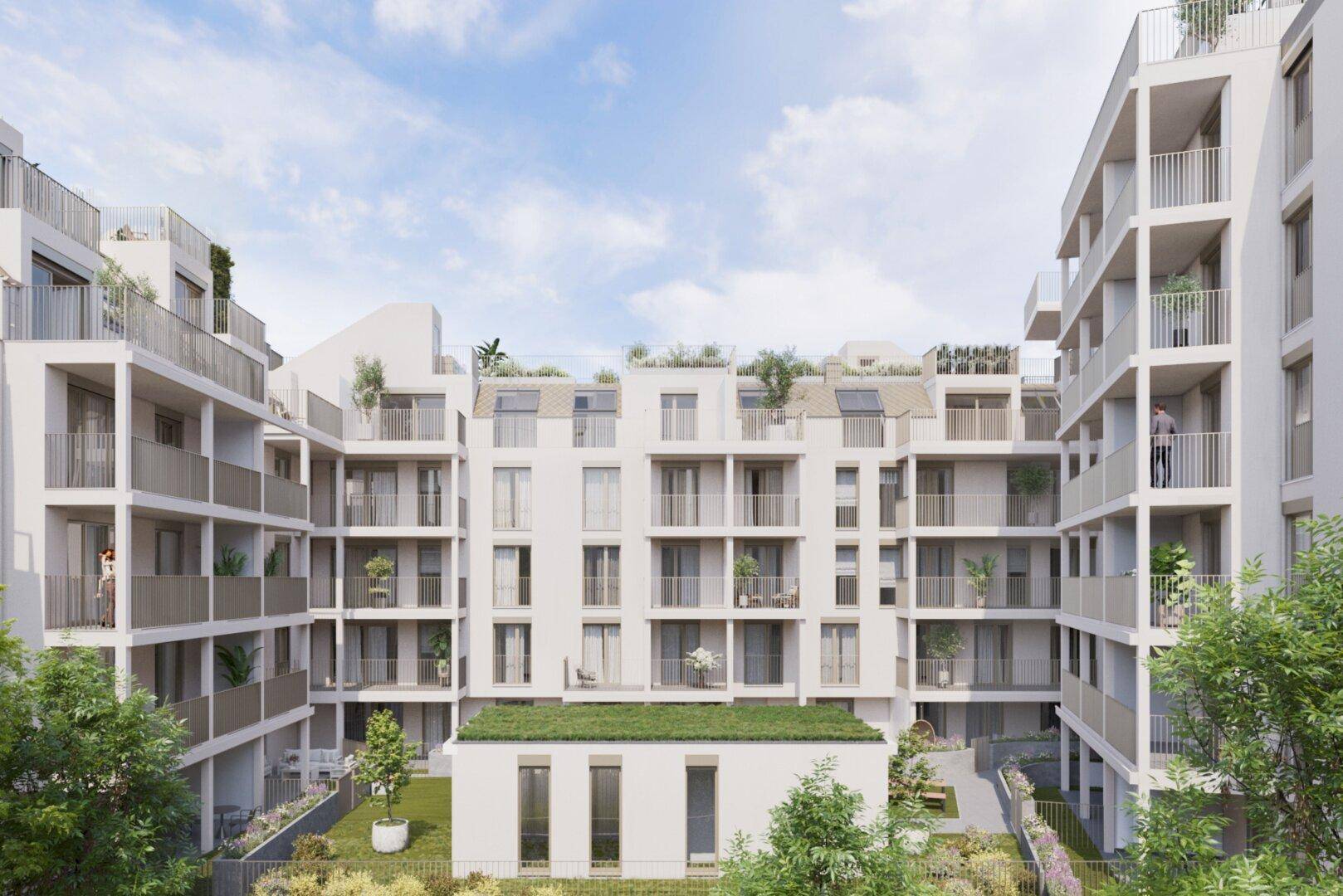 Moderne Wohnanlage mit mehreren Balkonen, begrünten Innenhöfen und Bäumen unter blauem Himmel.