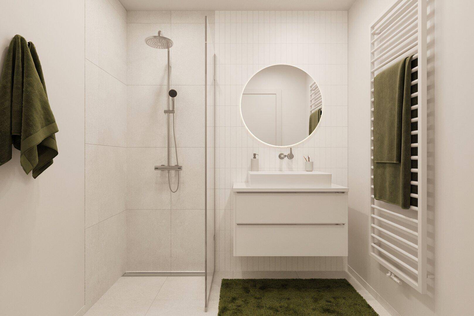 Helles, modernes Badezimmer mit begehbarer Dusche, Einzelwaschbecken und beheiztem Handtuchhalter.