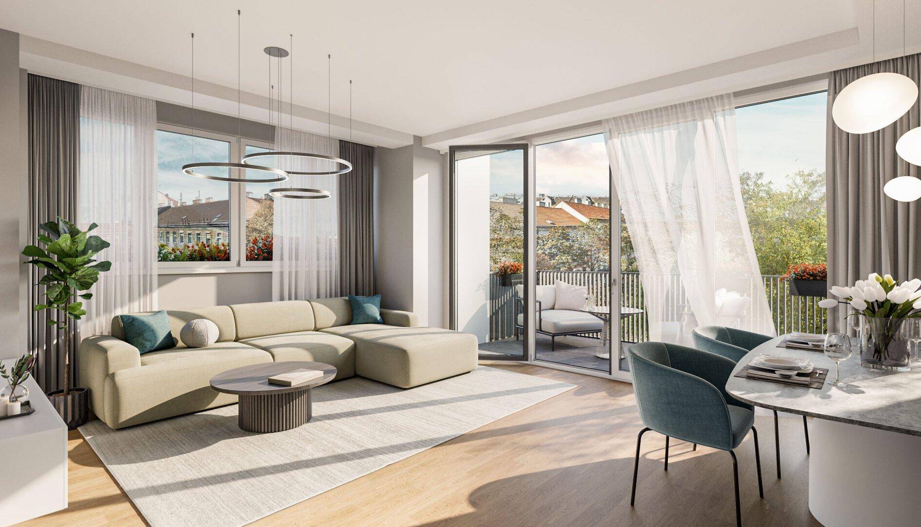 Helles Wohn- und Esszimmer mit modernem Sofa, Holzboden und Zugang zu einem Balkon.