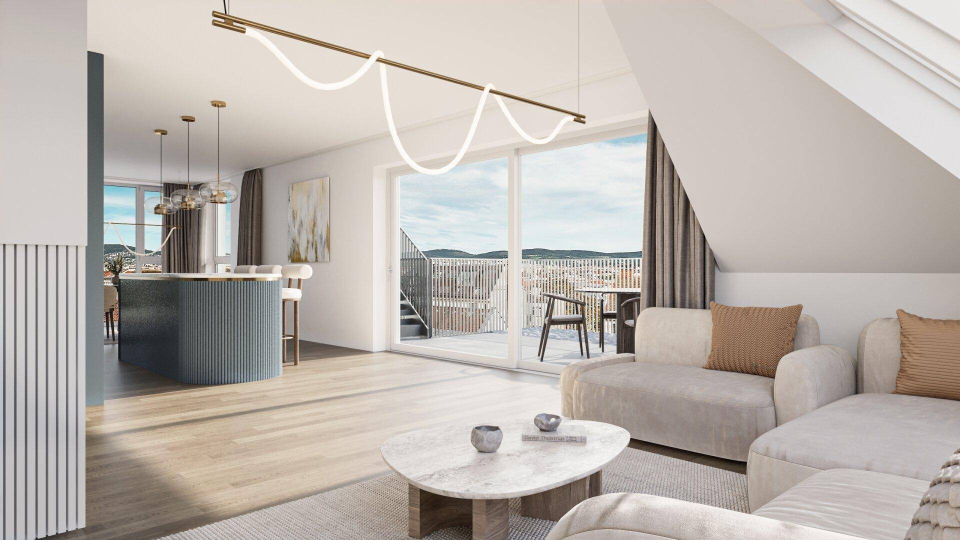 Geräumiges Wohnzimmer mit modernem Sofa, Holzboden und Zugang zu einer Dachterrasse.