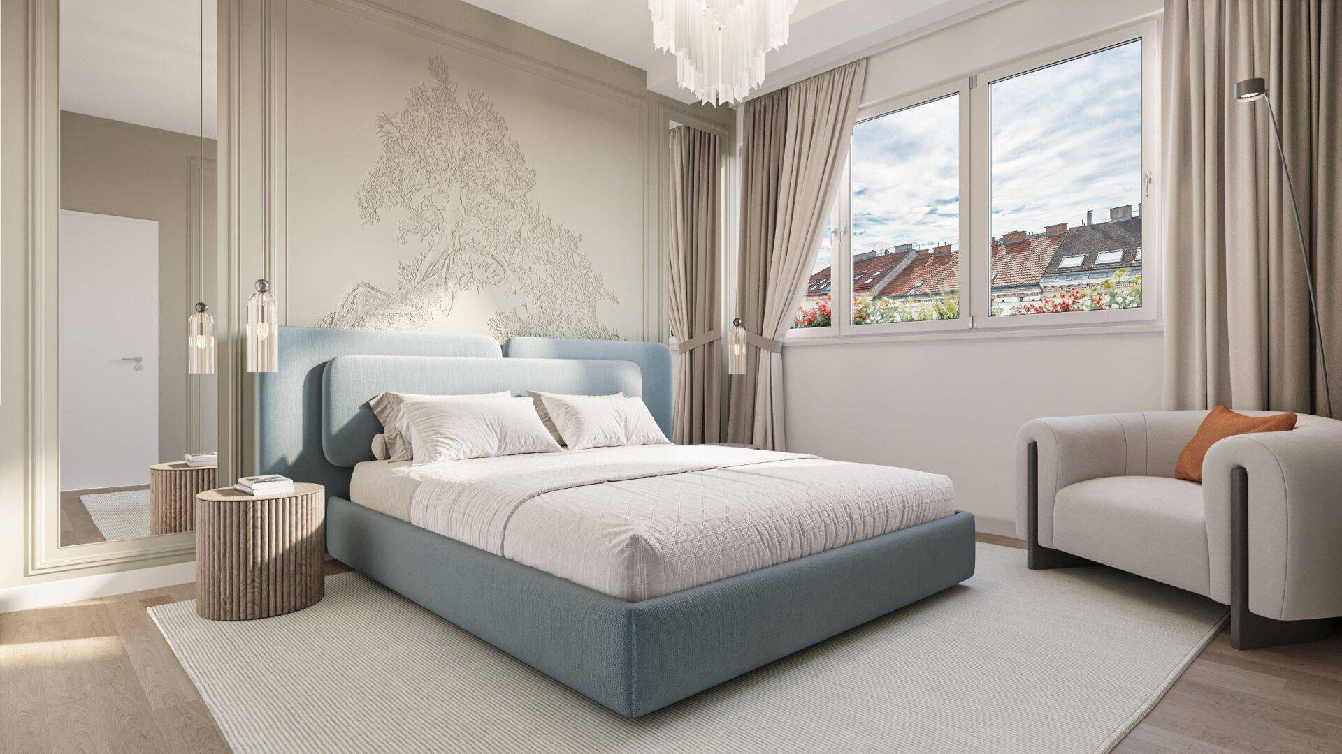 Elegantes Schlafzimmer mit großem Bett, stilvoller Wanddekoration und Blick auf die Stadt.