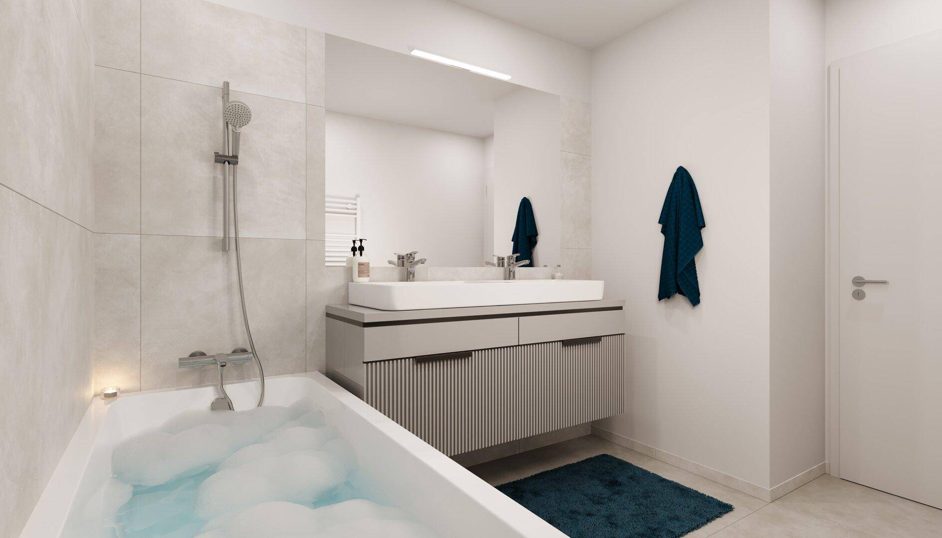 Modernes Badezimmer mit Badewanne, Doppelwaschbecken und beheiztem Handtuchhalter.