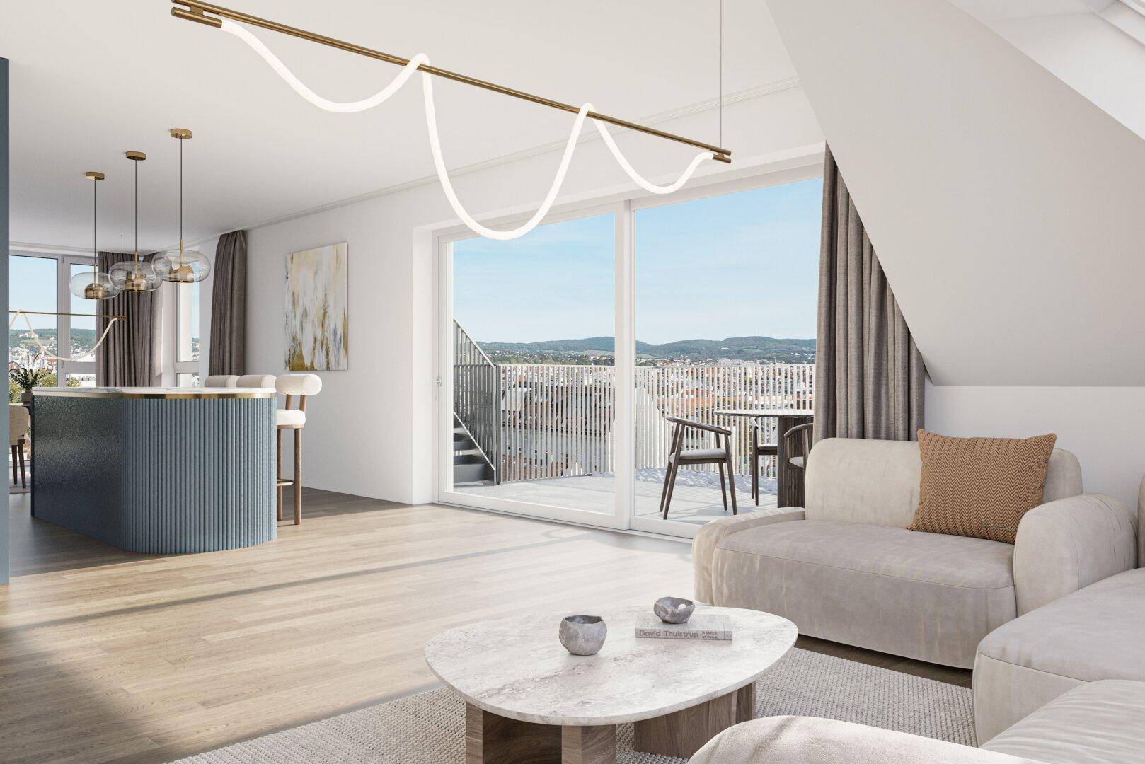 Offener Wohn-Essbereich mit moderner Küche, Zugang zur Terrasse und weitem Stadtblick.