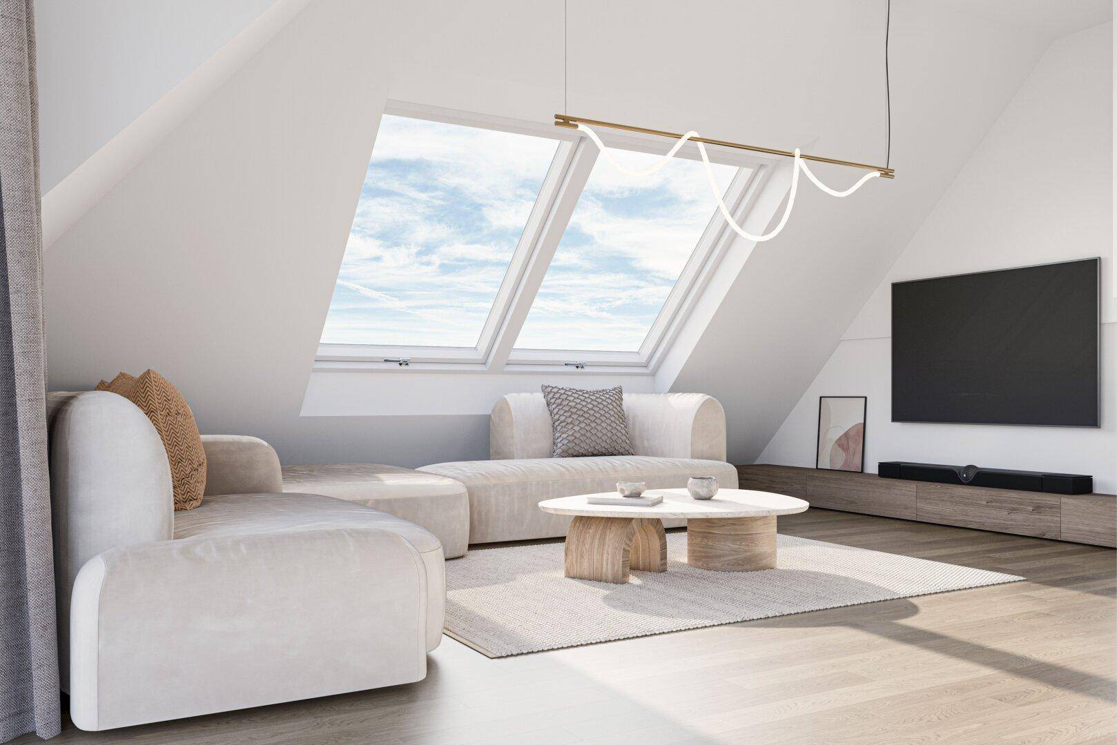 Helles Wohnzimmer im Dachgeschoss mit modernen Möbeln, Dachfenstern und schrägen Wänden.