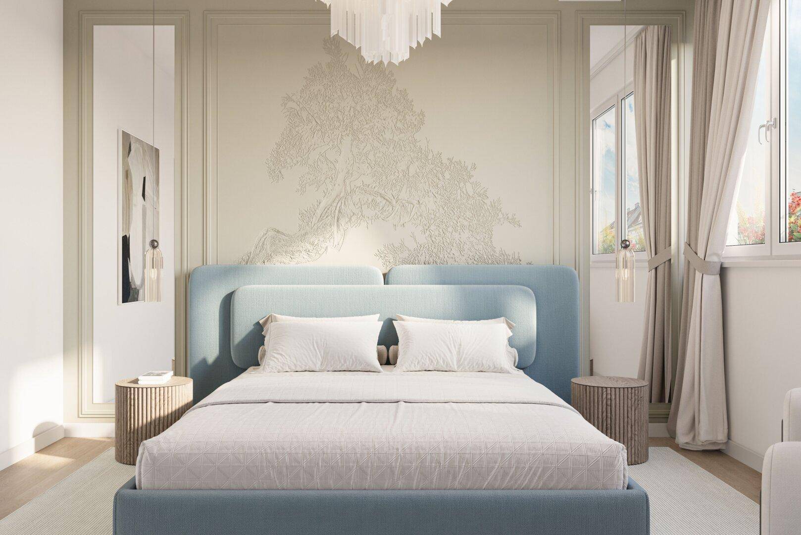 Elegantes Schlafzimmer mit großem Bett, dekorativer Wandgestaltung und viel natürlichem Licht.