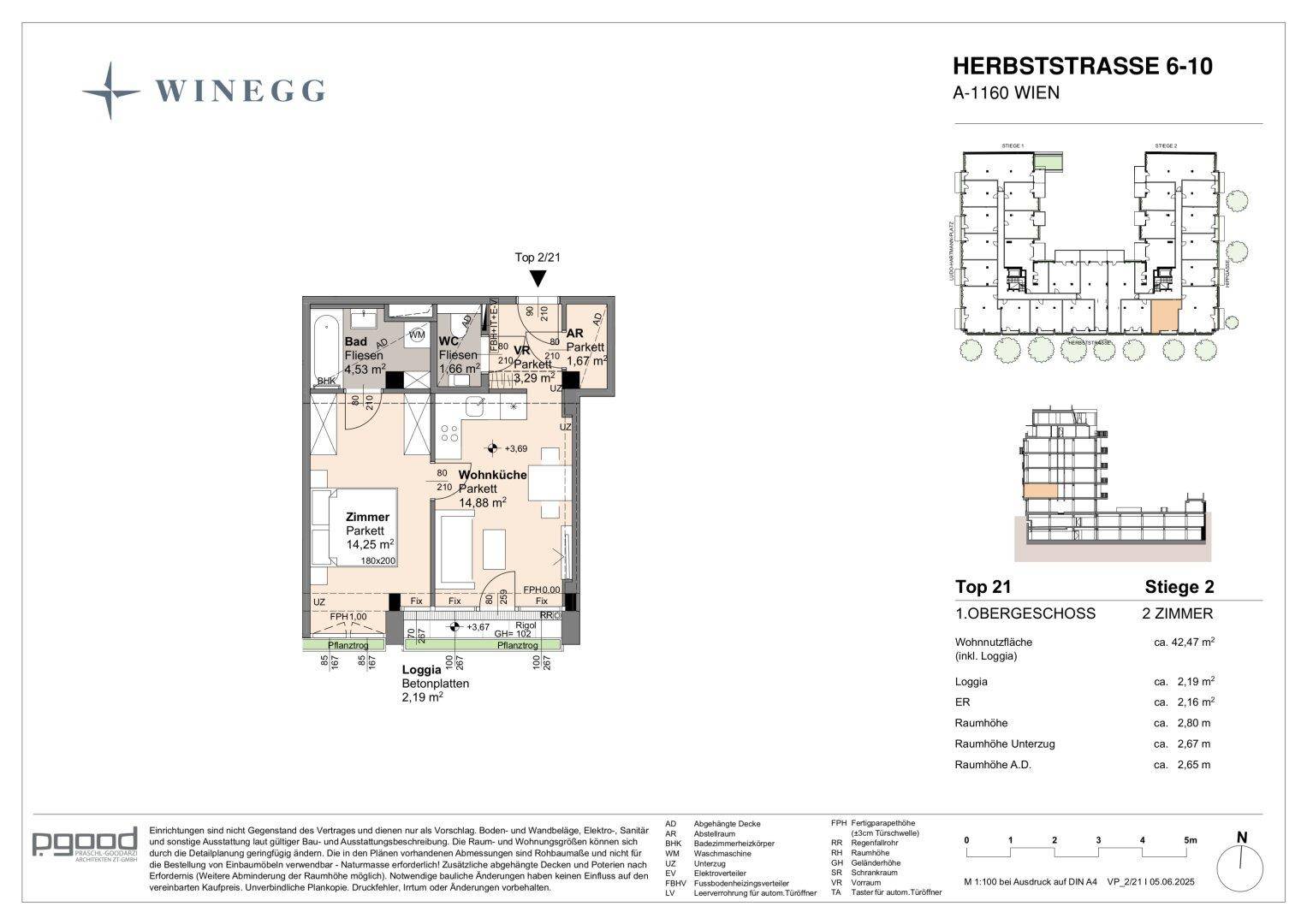 Grundriss einer 2-Zimmer-Wohnung im Obergeschoss mit offener Wohnküche, Loggia und separatem WC.