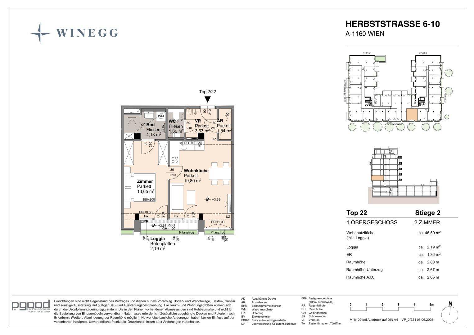 Grundriss einer Wohnung mit offener Wohnküche, separatem WC und Loggia.