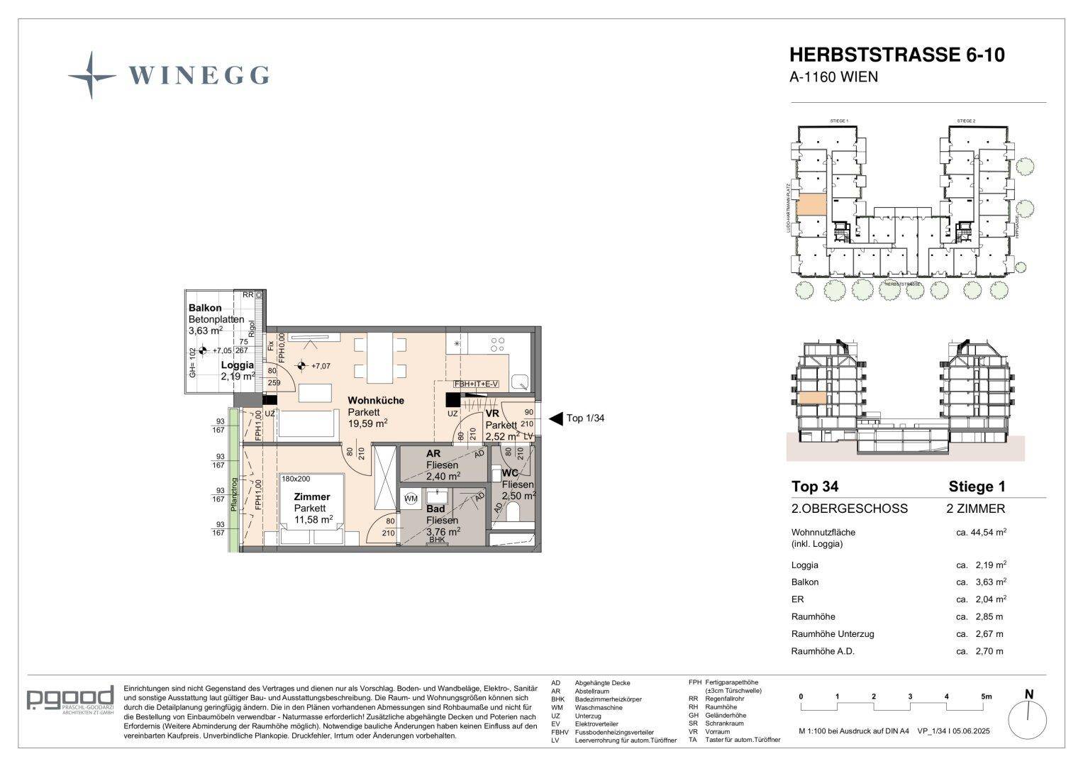 Detaillierter Grundriss einer 2-Zimmer-Wohnung mit Balkon und Loggia im Obergeschoss.